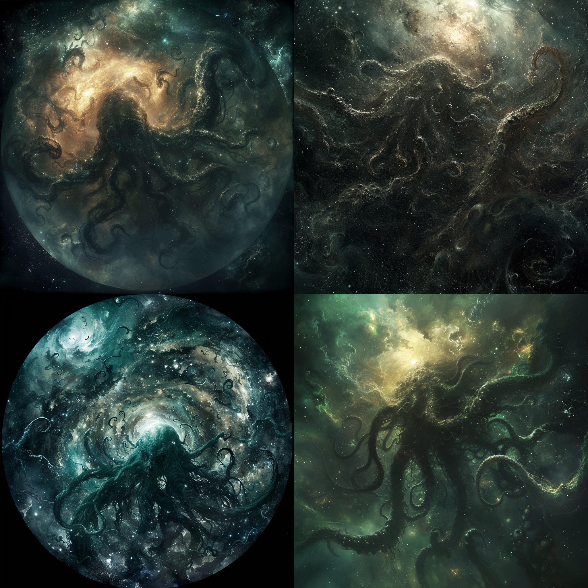 混沌星系中，克苏鲁神明降临，带来毁灭的景象。宇宙背景下，光线昏暗，色调阴郁，镜头使用鱼眼广角，强调混乱与恐怖。克苏鲁巨大的身躯占据画面中央，周围环绕着扭曲的星系和无法形容的怪物。紧张、恐惧、无力感。