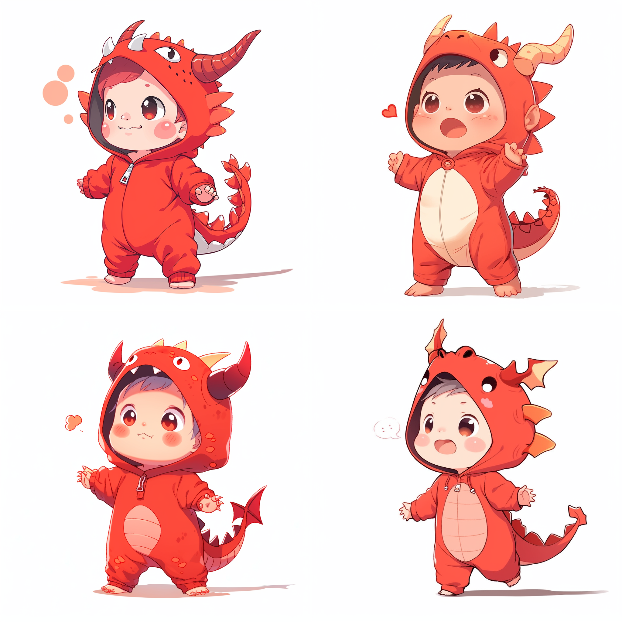 可爱婴儿穿着红色龙宝宝连体衣服，手绘画，简约风格，画面完整呈现