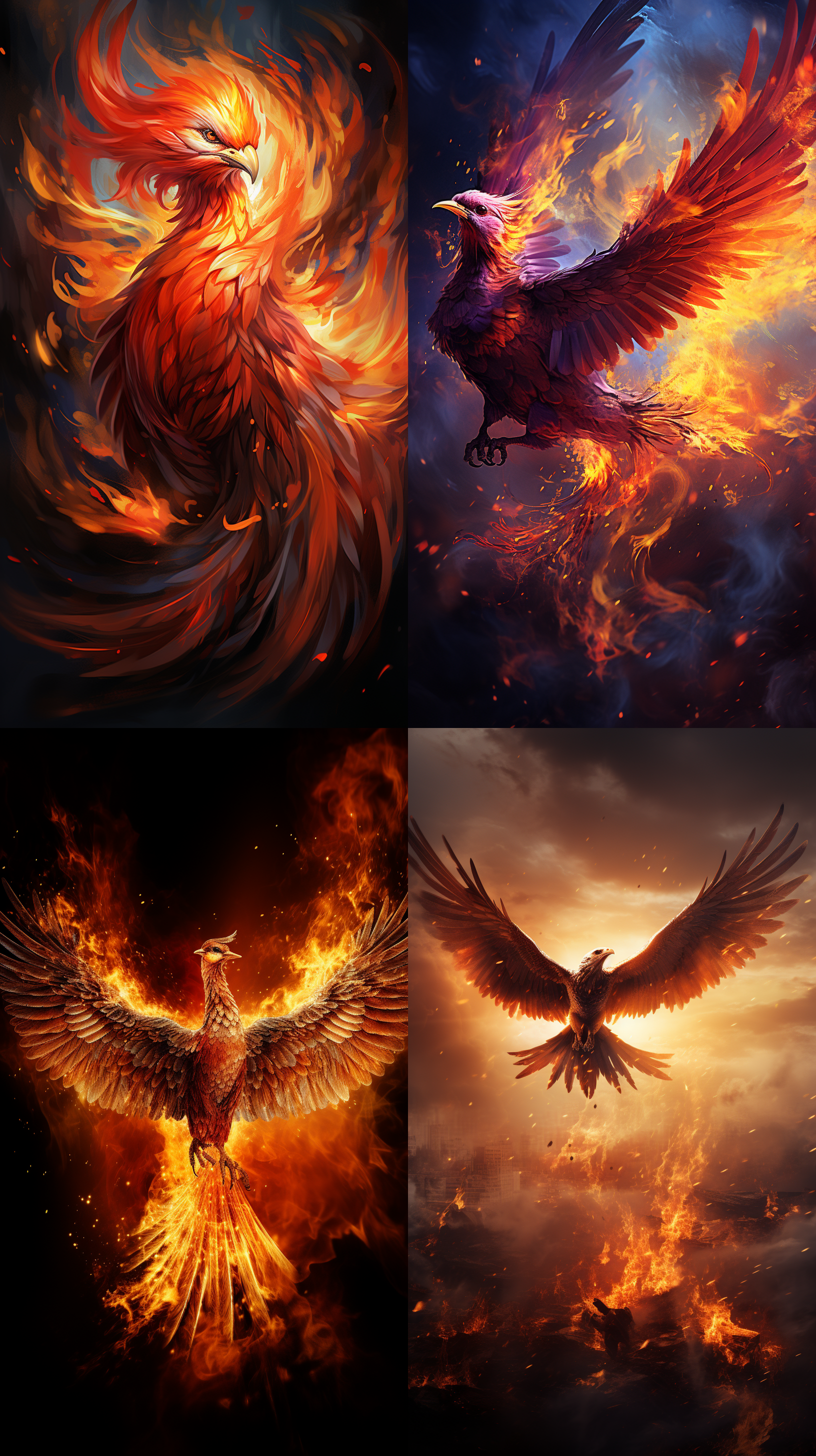 凤凰展翅高飞，阳光下闪耀着金色、红色和紫色的羽毛。姿态高贵优雅，仿佛散发出神圣的光辉。全身呈现出强烈的对比度，背景是广阔的天空和云彩。凤凰的眼神坚定而自信，仿佛在宣示自己的力量和威严。壮丽，庄重，神秘，自由，豪华，光辉。