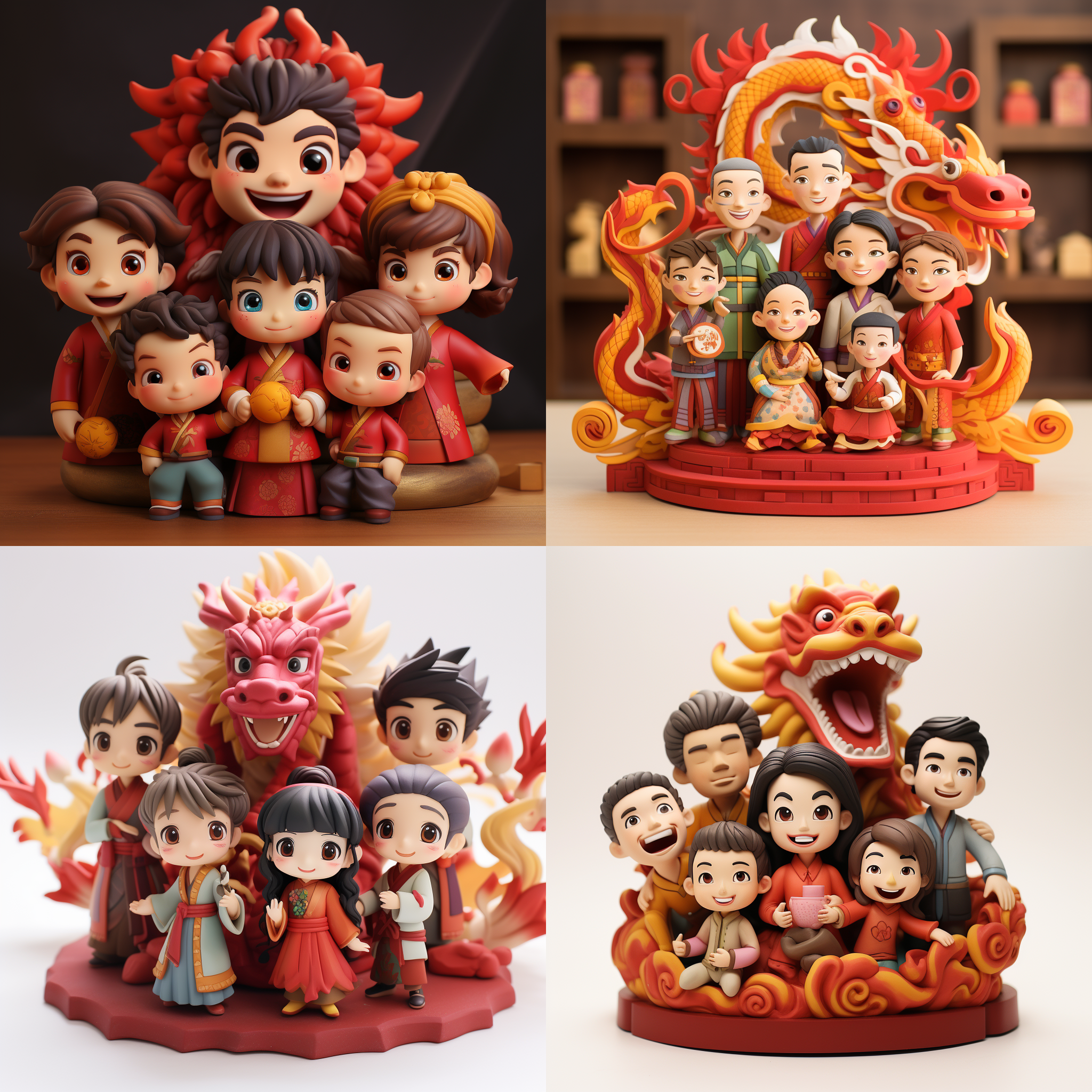 龙年全家福，国风盲盒风格，色彩温和，轮廓光，多人合影，红色主题，细节丰富，笑容灿烂，团聚喜悦。