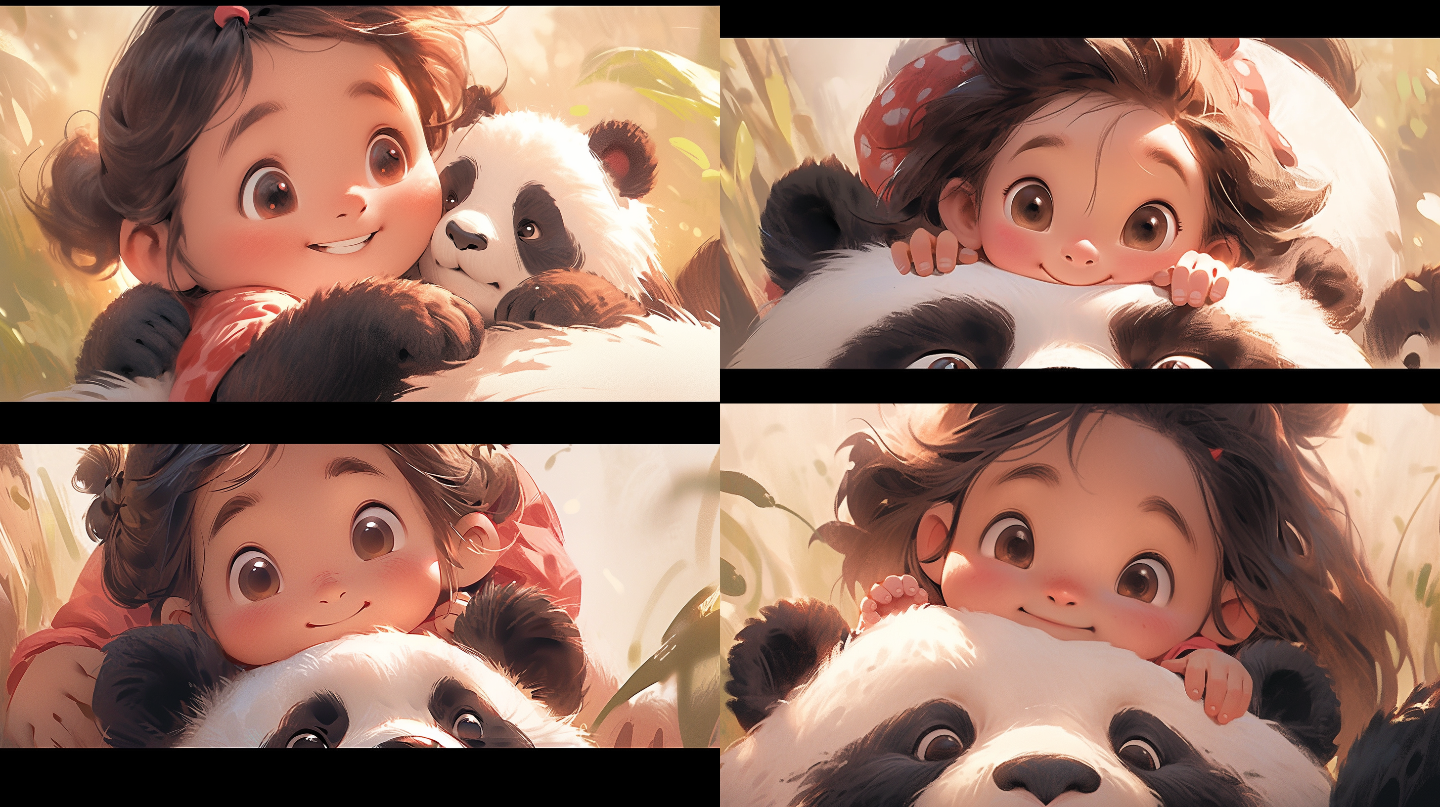 头戴熊猫头像的小女孩儿，呆萌，稚嫩，笑嘻嘻的看着镜头。靠近拍摄，环境简洁，柔光，中焦距，自然表情，明亮色调，温暖氛围，童真。