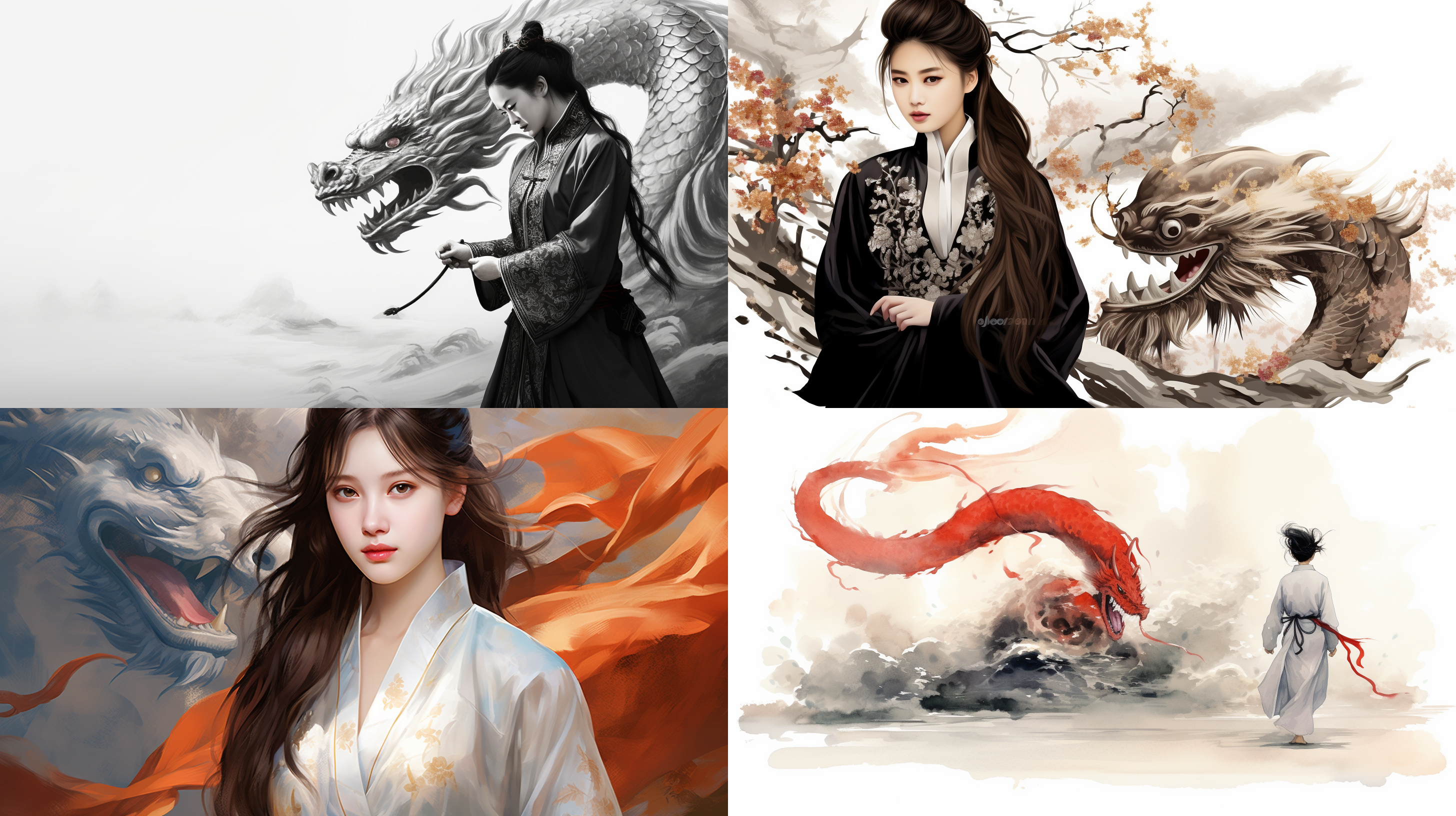 a girl and a china dragon ,tradition chinese ink painting style,