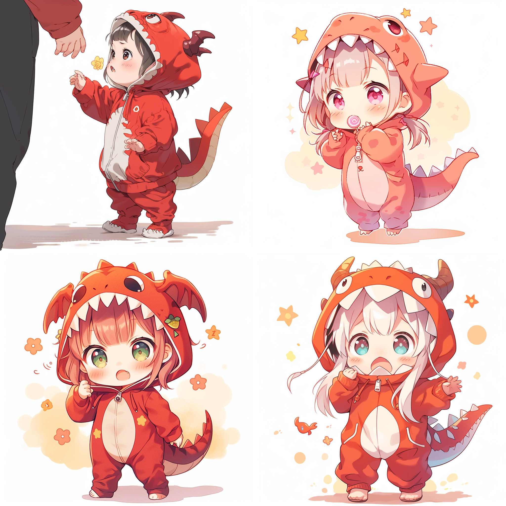 可爱婴儿穿着红色龙宝宝连体衣服，画面完整呈现