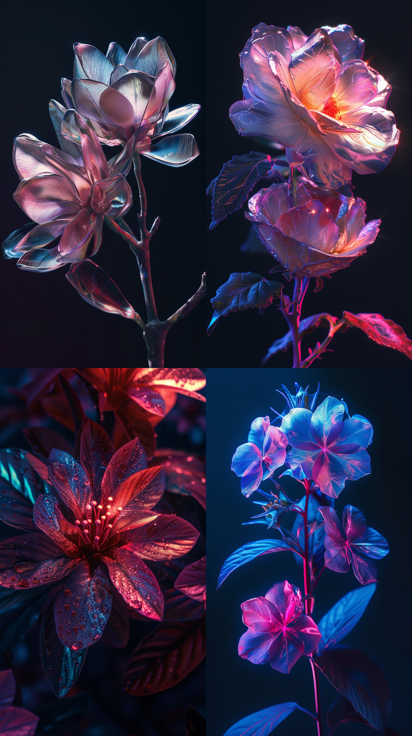 未来主义花朵，金属光泽，玻璃光泽，薄膜涂层，工作室照明，暗黑背景，微妙的辉光，微距自然摄影，8k