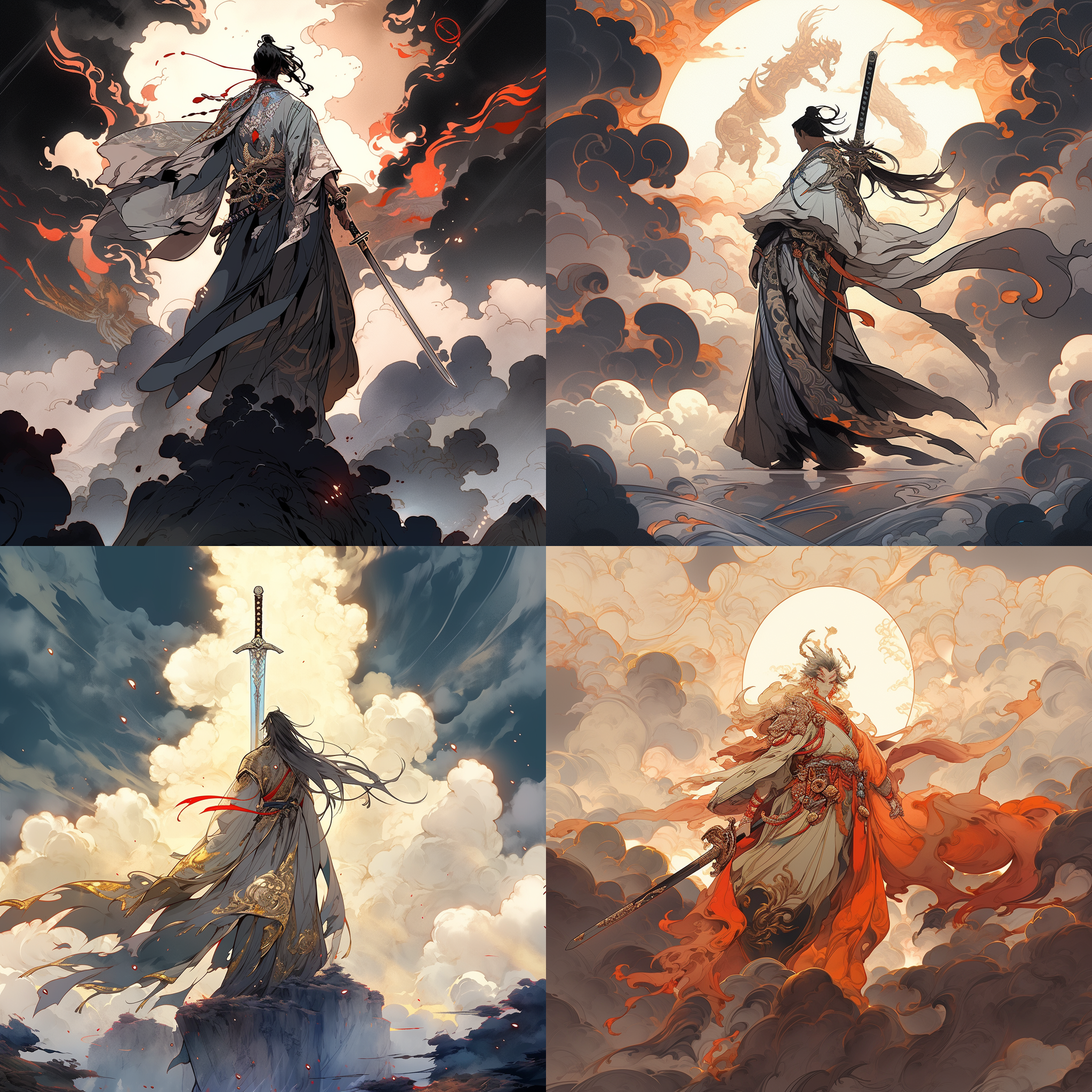 仙侠剑仙，云端站立，手握剑柄，剑指天空，一览众山小。风云变幻，神秘气氛，高光对比，迷雾弥漫，流线型构图，金色主调，壮丽景色，自信神态，英勇无畏。