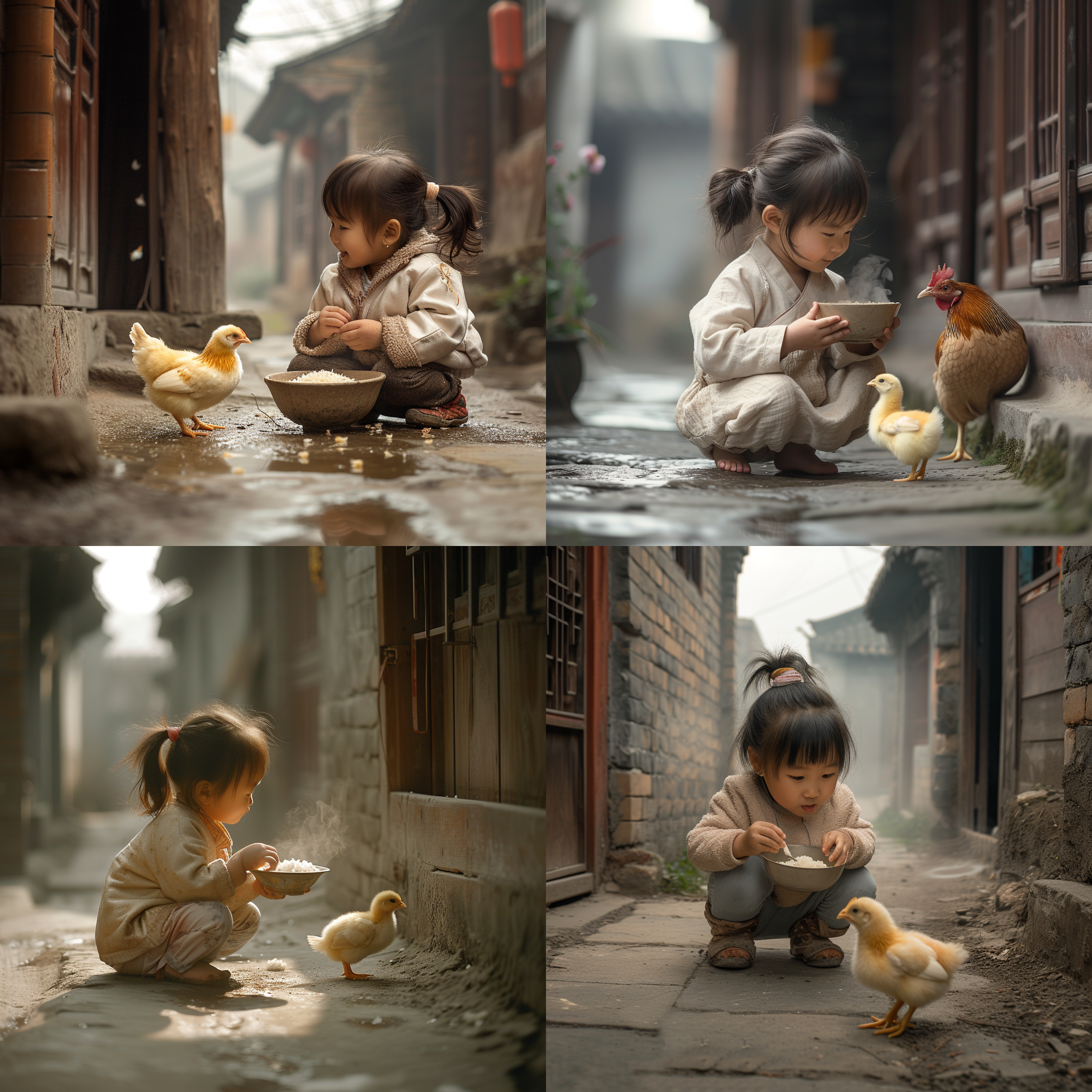 早晨，阴天，双马尾中国5岁女孩，端着半碗冒着热气的米饭，半蹲着，在小院内逗弄地上一只黄色小鸡仔。小鸡在褐色老母鸡旁边的。 双马尾，垂直布局，自然光，中焦距镜头，温暖色调，动态，童真，快门速度适中。