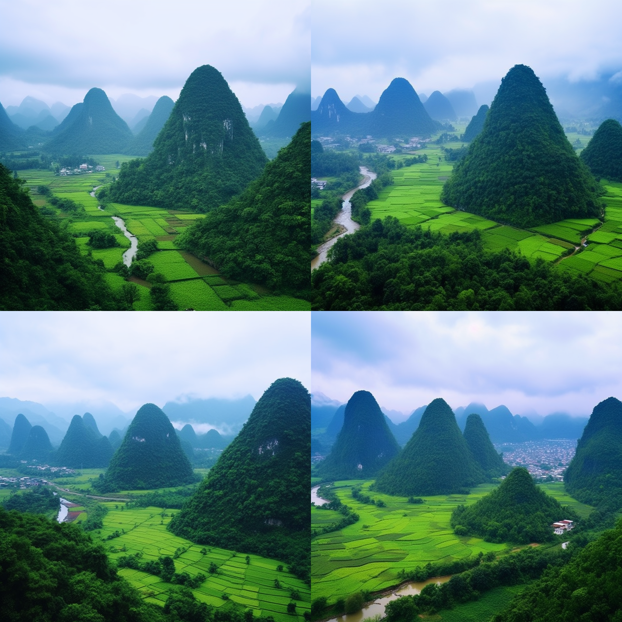 贵州兴义万峰林，一幅壮丽的风景照。画面中，巍峨的山峰层层叠叠，云雾缭绕其间，悬崖峭壁上长满了郁郁葱葱的树木。远处的村庄宛如画卷中的小镇，静静地伫立在山脚下。整个画面呈现出一种壮观的气息，给人以宁静和敬畏之感。 风景照，对角线布局，高对比度，广角镜头，自然光，山峰，云雾，树木，村庄，神秘，壮观，宁静，敬畏，贵州兴义。 三分法构图