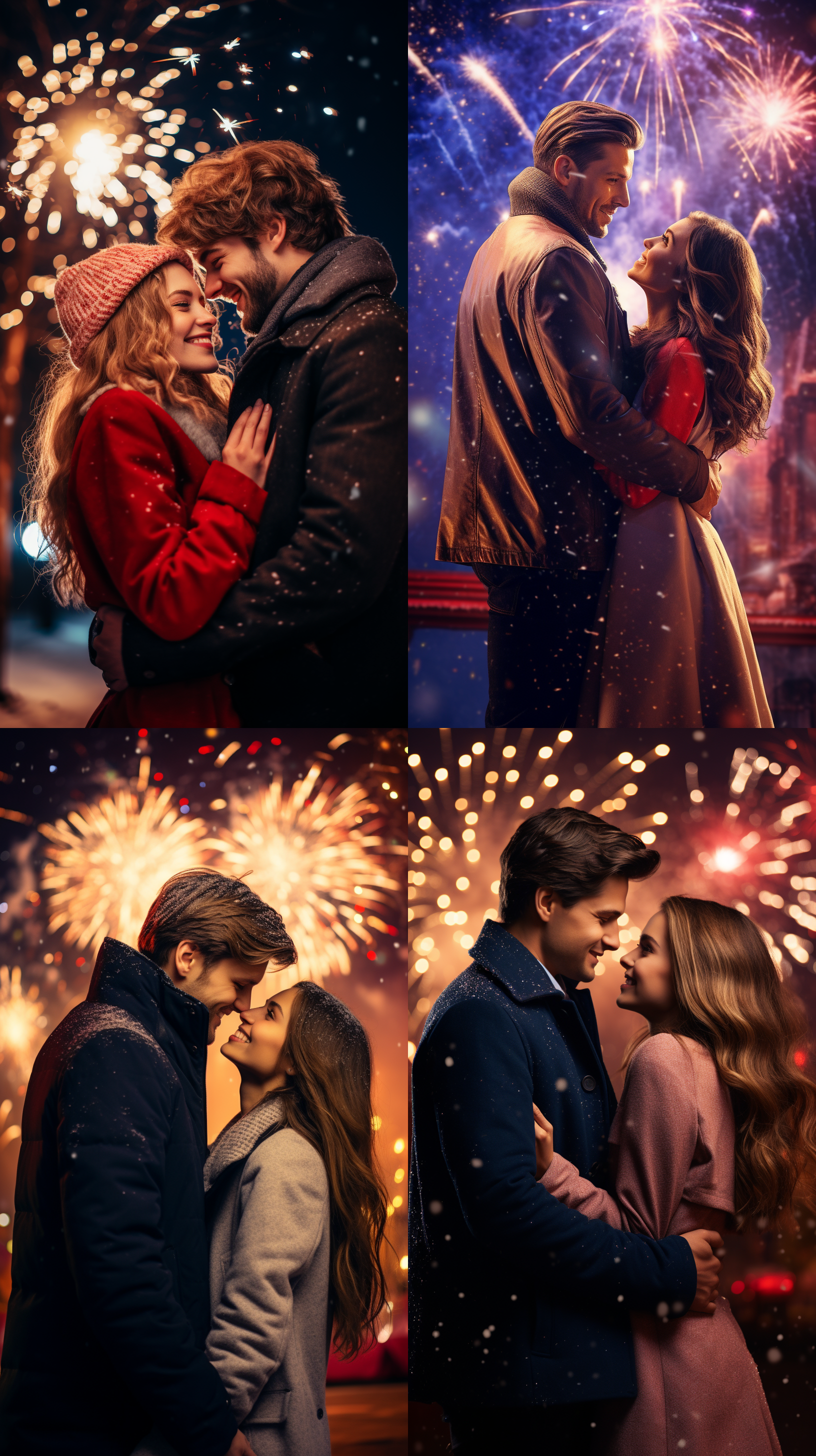 现代情侣在过新年，他们身穿时尚的节日服装，手牵手站在烟花背景前。构图平衡，表达爱与幸福，背景色彩鲜艳，光线柔和，使用长焦镜头，记录他们的微笑和眼神交流。浪漫，喜悦，友谊，热闹。