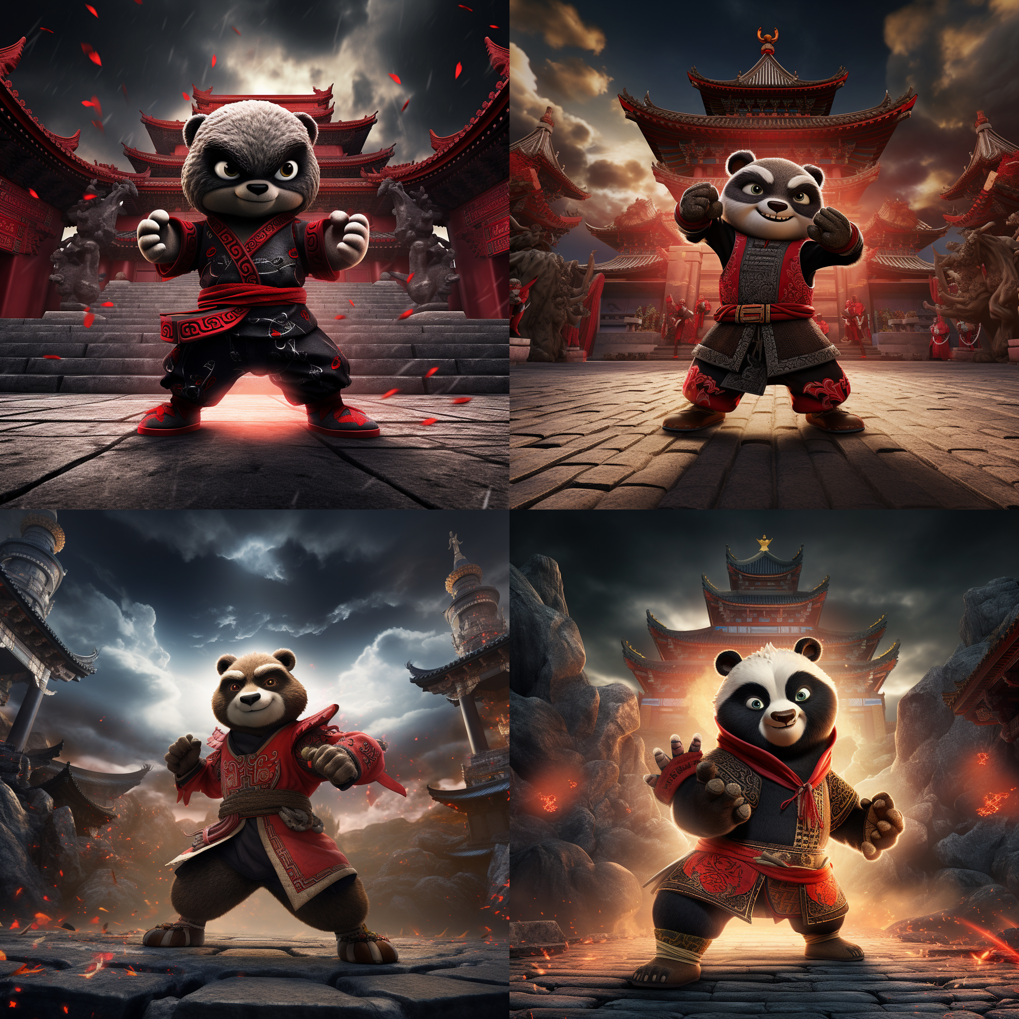 功夫熊猫戴着红色头带，身穿黑色武装服装，站在一座古老的寺庙前。他双手握拳，准备发出致命一击。背景是高山和云雾环绕的山谷，给人一种神秘而壮观的感觉。构图对称，使用鱼眼镜头，充满动感。寺庙的灯光照亮了熊猫的身影，增强了紧张和力量的感觉。熊猫表情专注且坚定。功夫熊猫，寺庙，对称构图，鱼眼镜头，灯光，力量，紧张，专注。