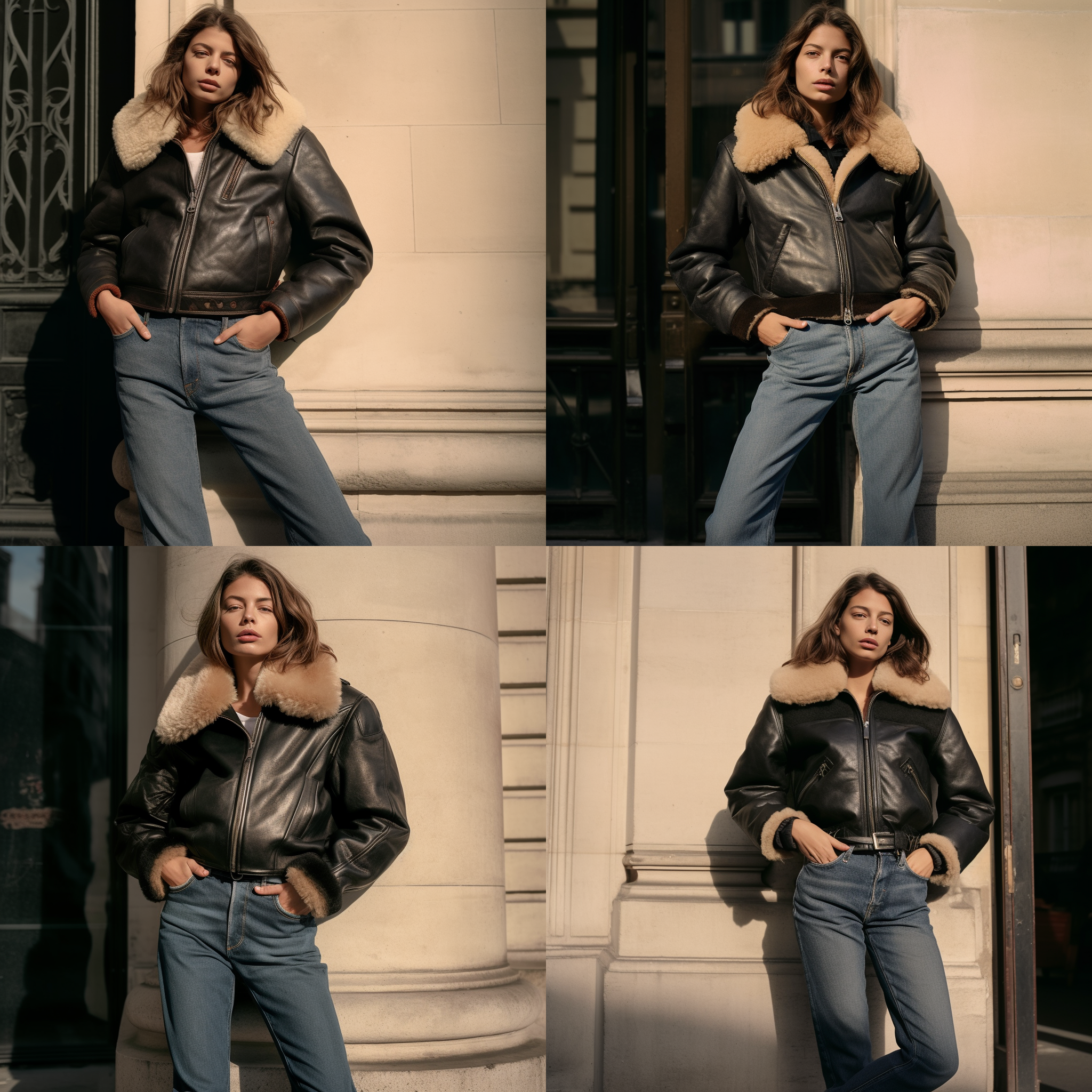 年轻欧美女孩，皮衣，托卡毛装饰，神清优雅，环境优美，大光圈，柔光，肖像模式，高饱和度，自信，时尚。