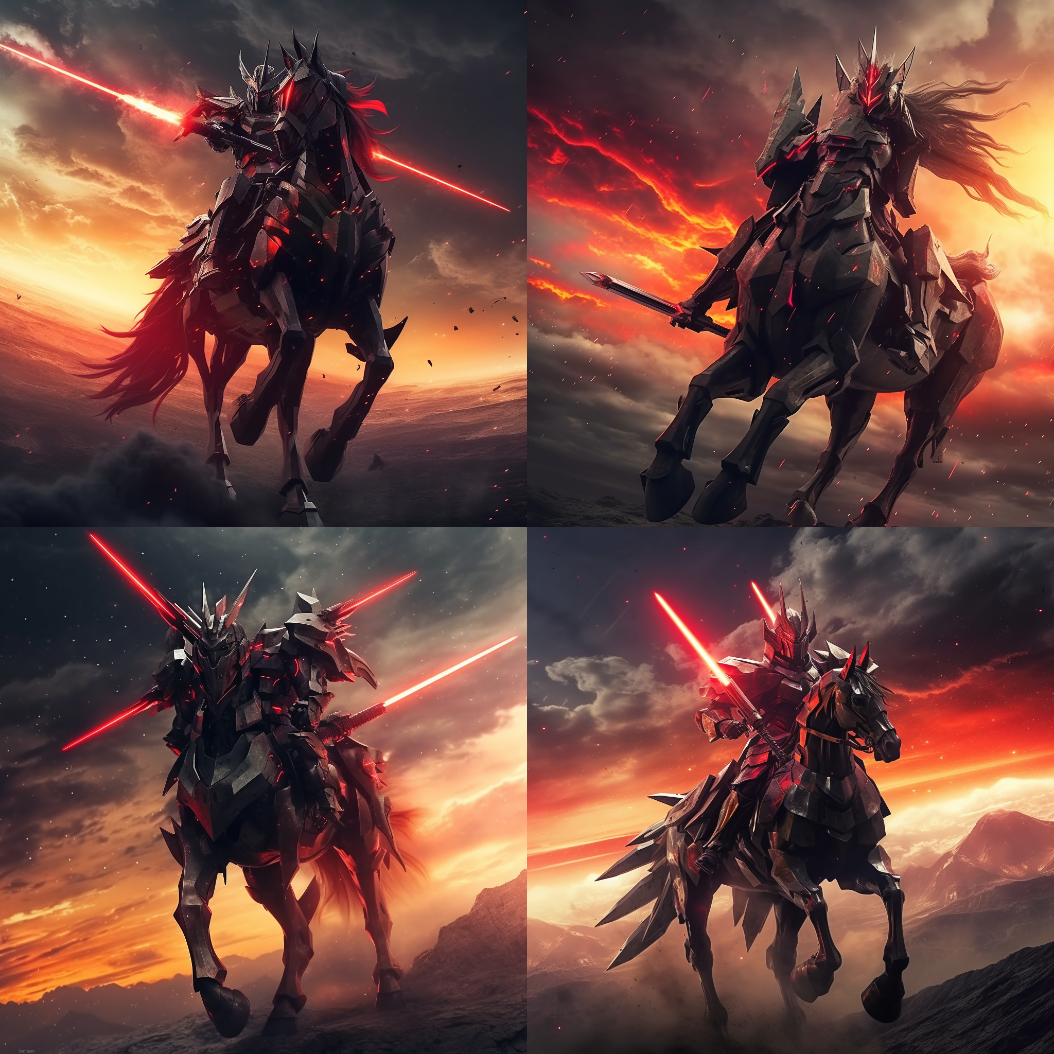 骑士穿着华丽的红色盔甲，威风凛凛地骑在高大的白色战马上。他手持一把闪亮的长剑，英勇地凝视着远方。背景是壮丽的山脉和绚丽的日落。构图对称平衡，使用广角镜头突显骑士的威严。暖色调的光线照亮了整个画面，营造出壮丽而庄重的氛围。骑士的表情坚毅而决然。骑士，红色，盔甲，战马，长剑，山脉，日落，对称平衡，广角镜头，暖色调，坚毅。