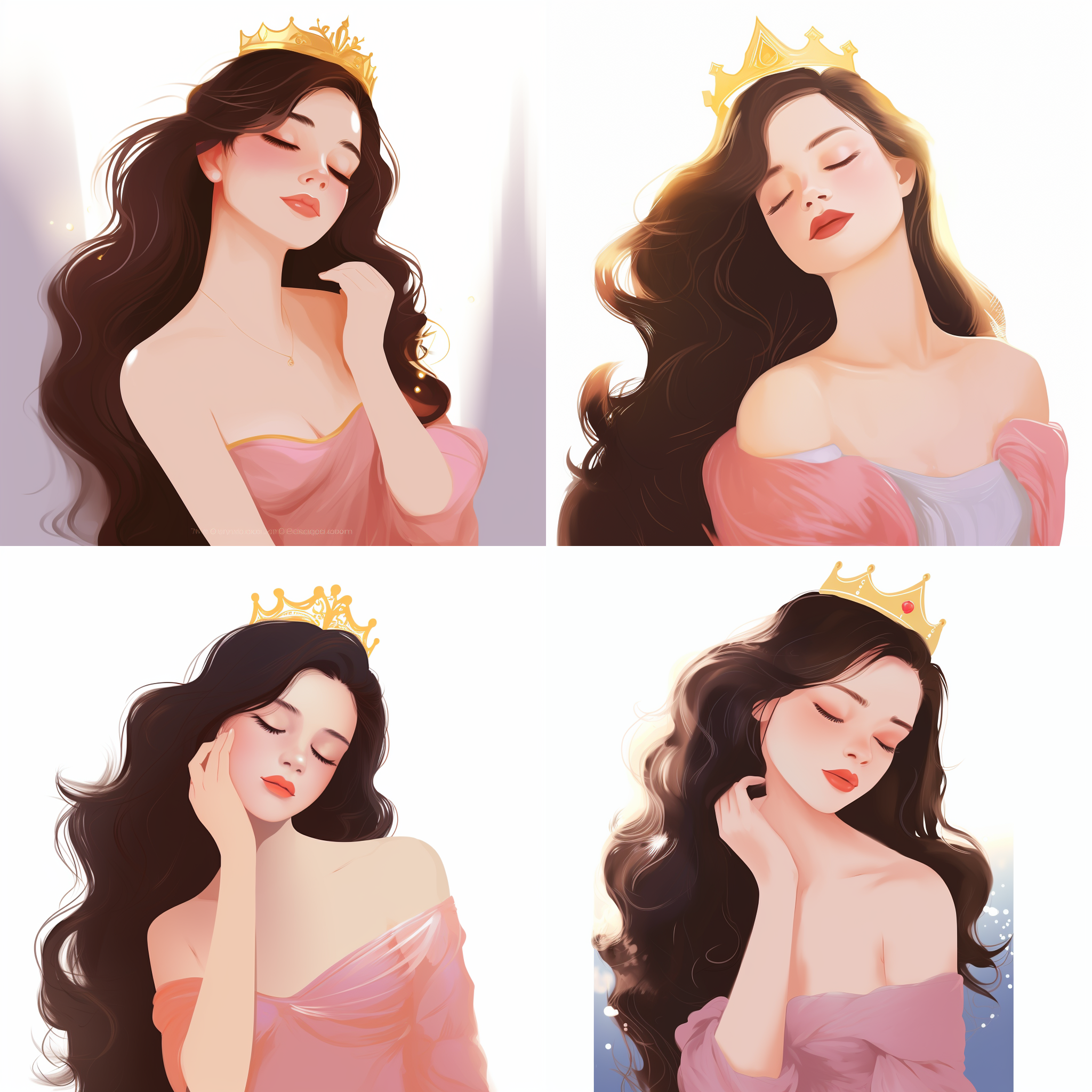 美丽的女孩闭着眼睛，微微抬头，平面插画，和谐配色，柔和光线，自然背景，细节丰富，朦胧效果，梦幻般，宁静。