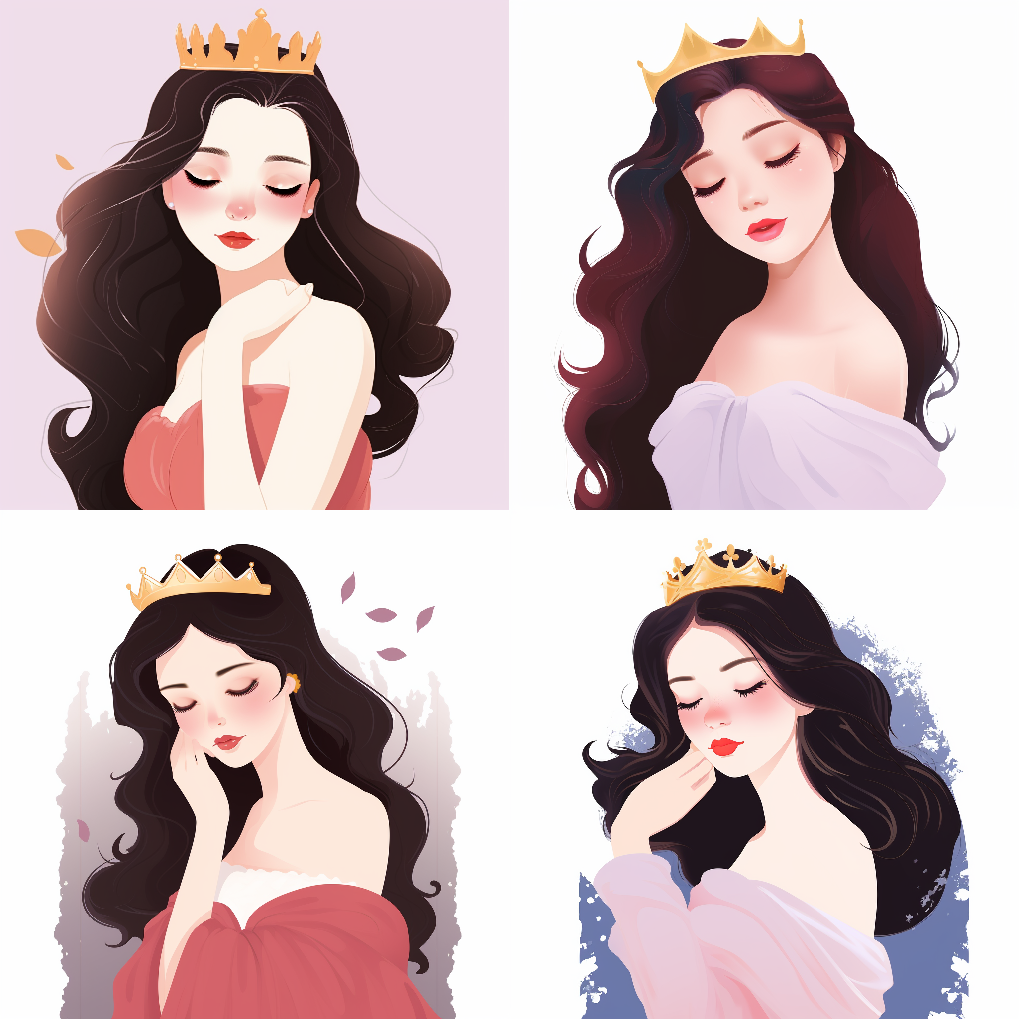 美丽女孩，大眼睛，雪白的皮肤，平面插画，和谐配色，简约背景，细节丰富，宁静，纯净色彩。