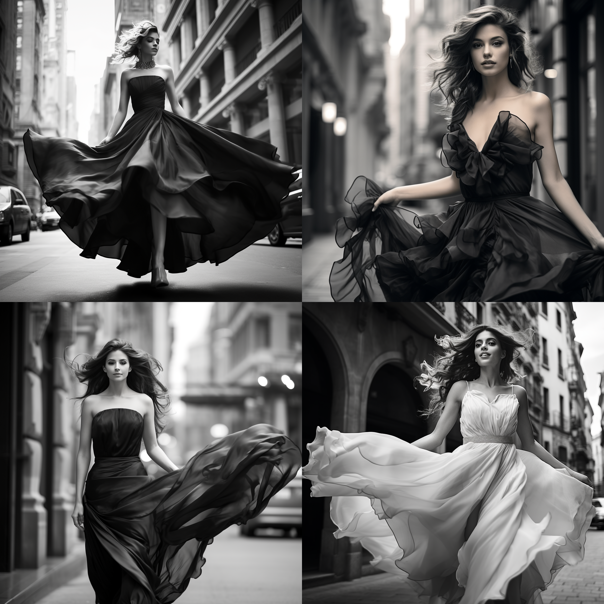美女走在城市街道上，她身穿一袭华丽长裙，风中的裙摆随着她的步伐轻轻飘动。她优雅的姿态和自信的微笑吸引了周围行人的目光。照片采用黑白摄影风格，强调了她的高贵和神秘感。大角度镜头拍摄，将整个城市街景作为背景，营造出现代都市的氛围。摄影师巧妙地运用侧光，突出了美女的立体感。高速快门捕捉到她迈步的瞬间，照片中充满了活力与生命力。