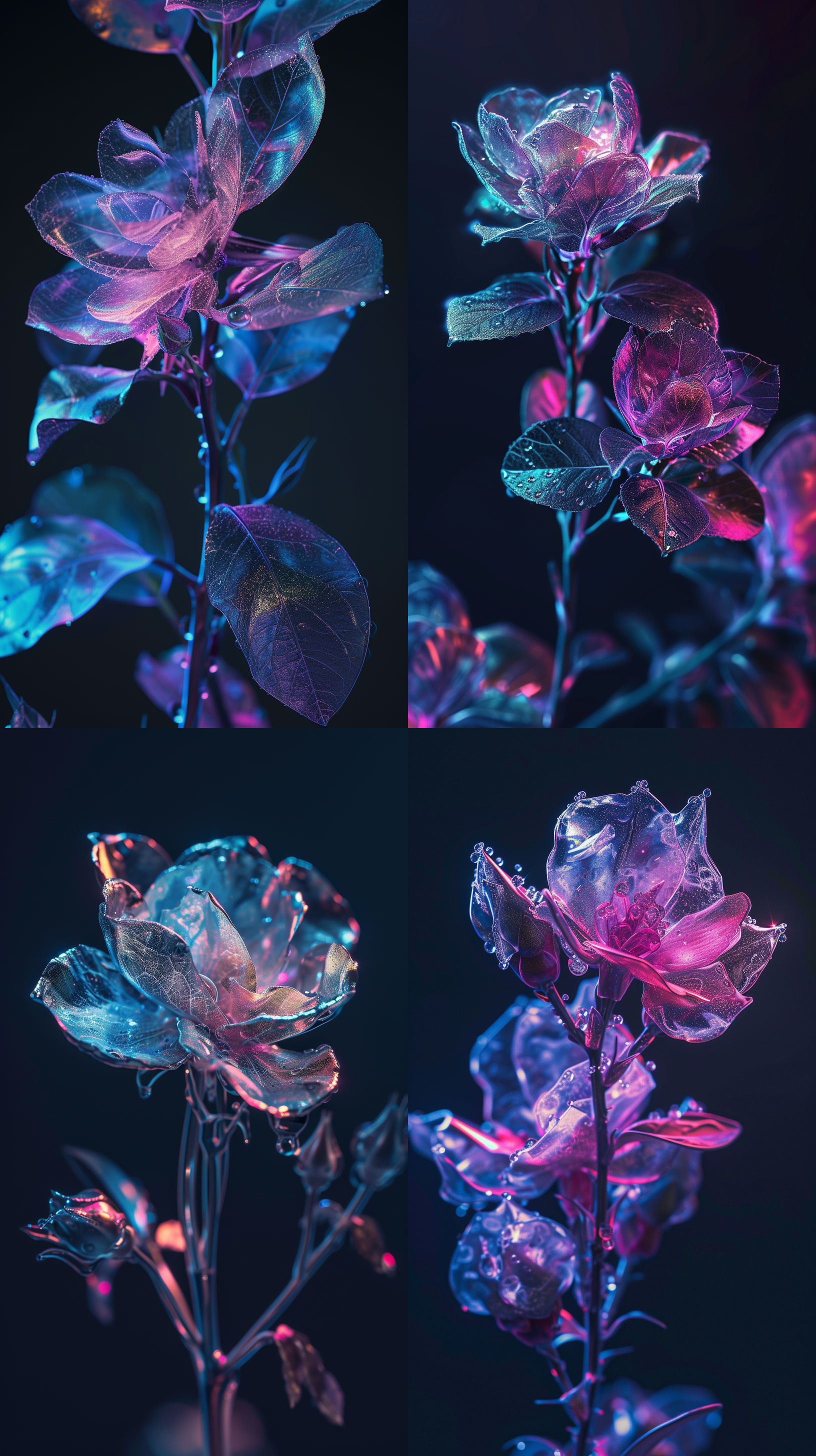 未来主义花朵，金属光泽，玻璃光泽，薄膜涂层，工作室照明，暗黑背景，微妙的辉光，微距自然摄影，8k