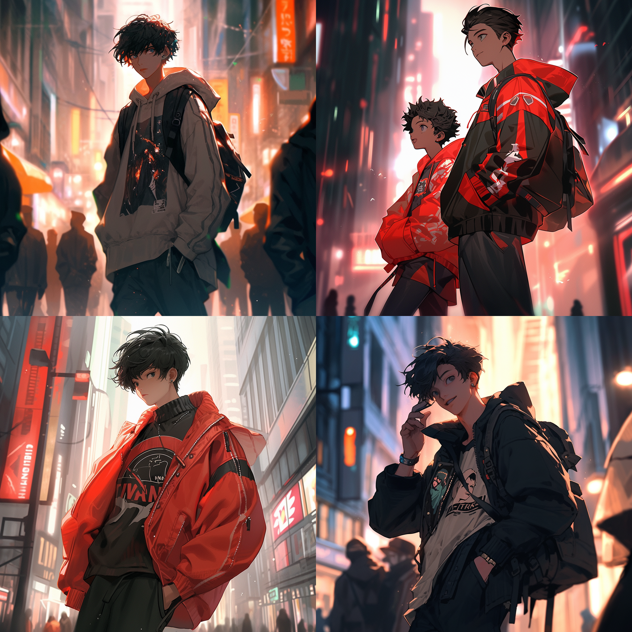 男孩时髦服饰，黑色短发，全身相，高清，城市街道，广角镜头，逆光，自信微笑，动感，现代风格，明亮色调，活力。