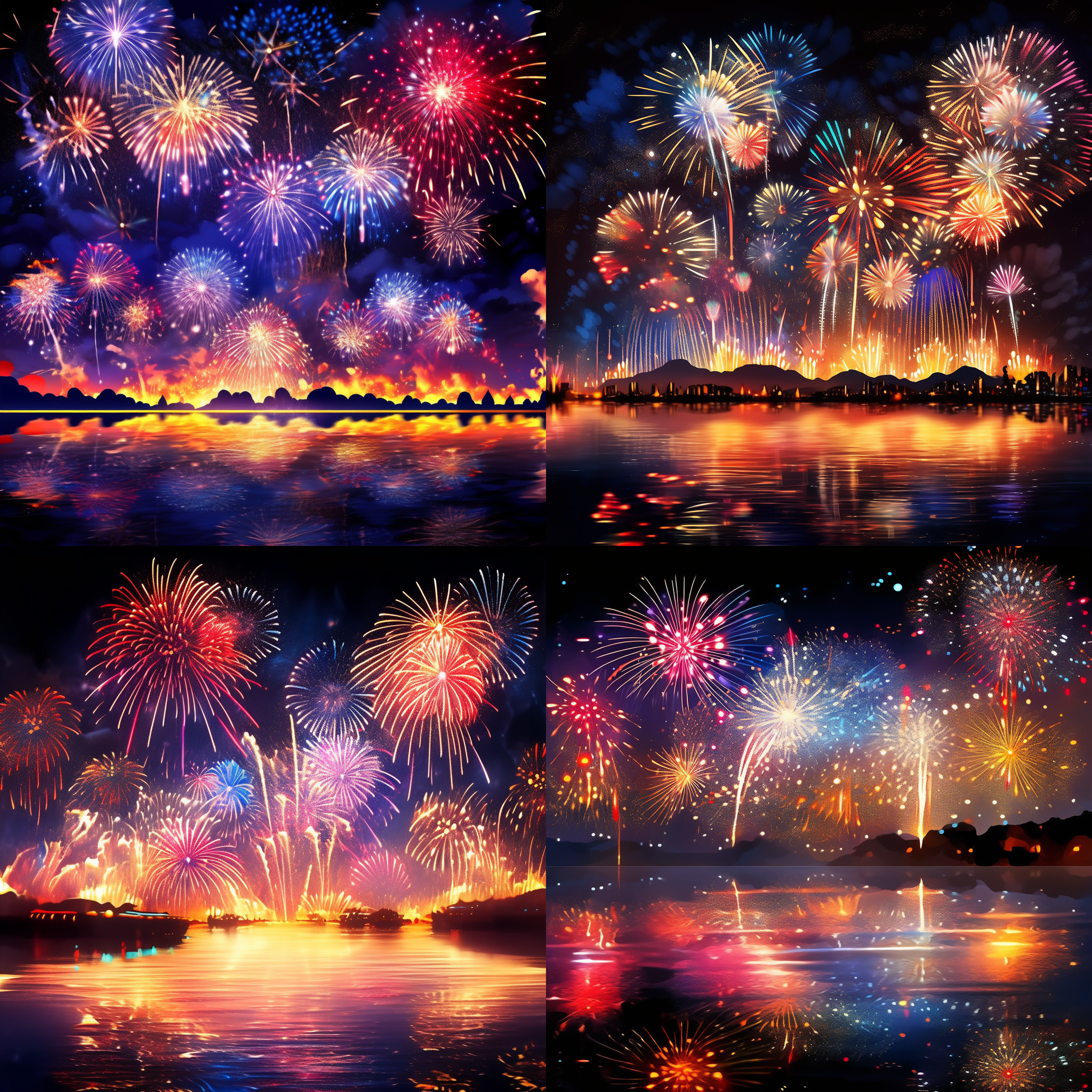 龙年大吉，一幅烟花绽放的夜景照片。照片中，夜空布满了五彩斑斓的烟花，炫目的光芒映照在湖面上，反射出美丽夺目的倒影。整个画面充满了欢乐、热闹和喜庆的氛围，给人一种新年到来的喜悦感。烟花，夜景，湖面倒影，五彩斑斓，喜庆，欢乐，热闹。