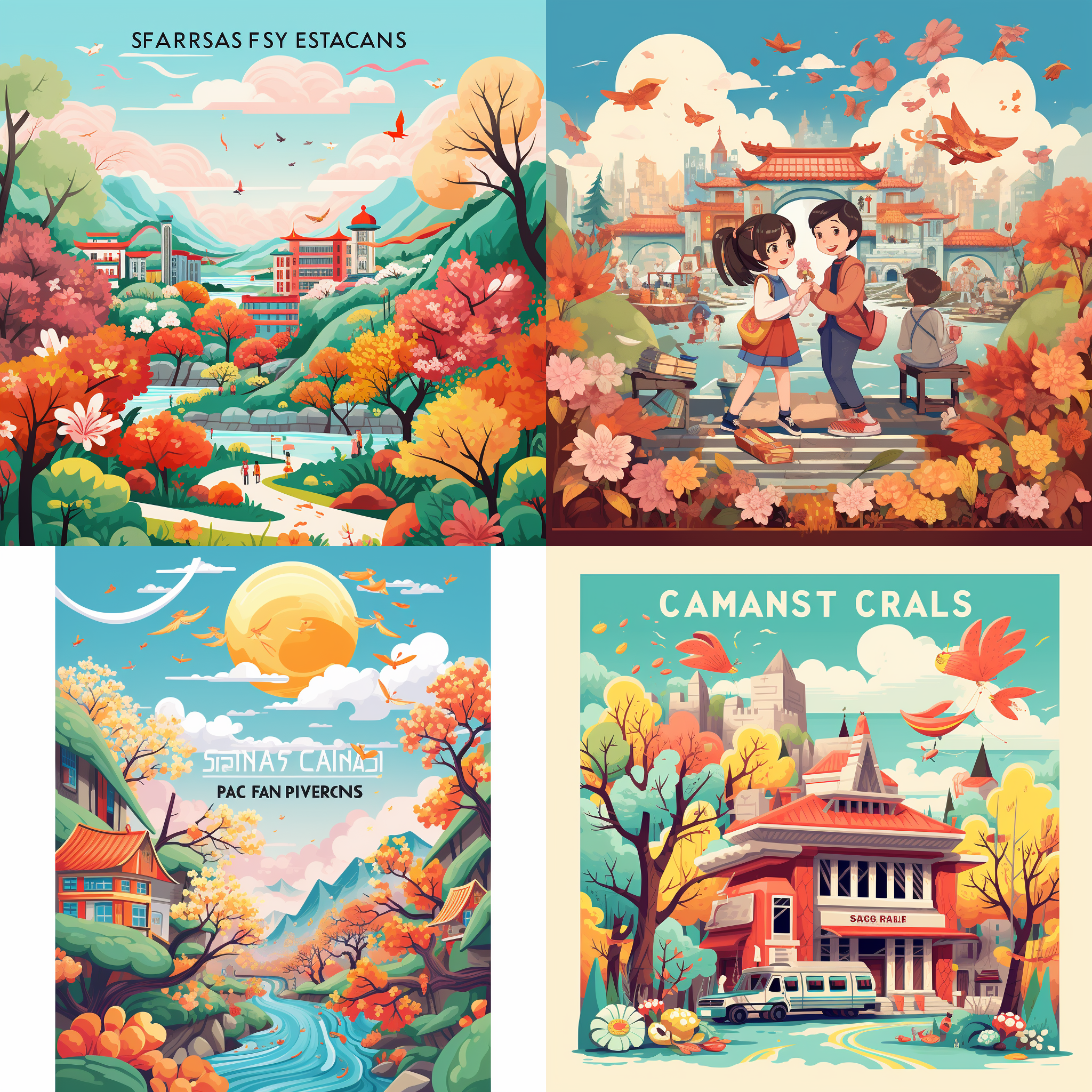 中国风小学生春季美术班海报，色彩艳丽，构成丰富，平面卡通化风格，视觉感强。