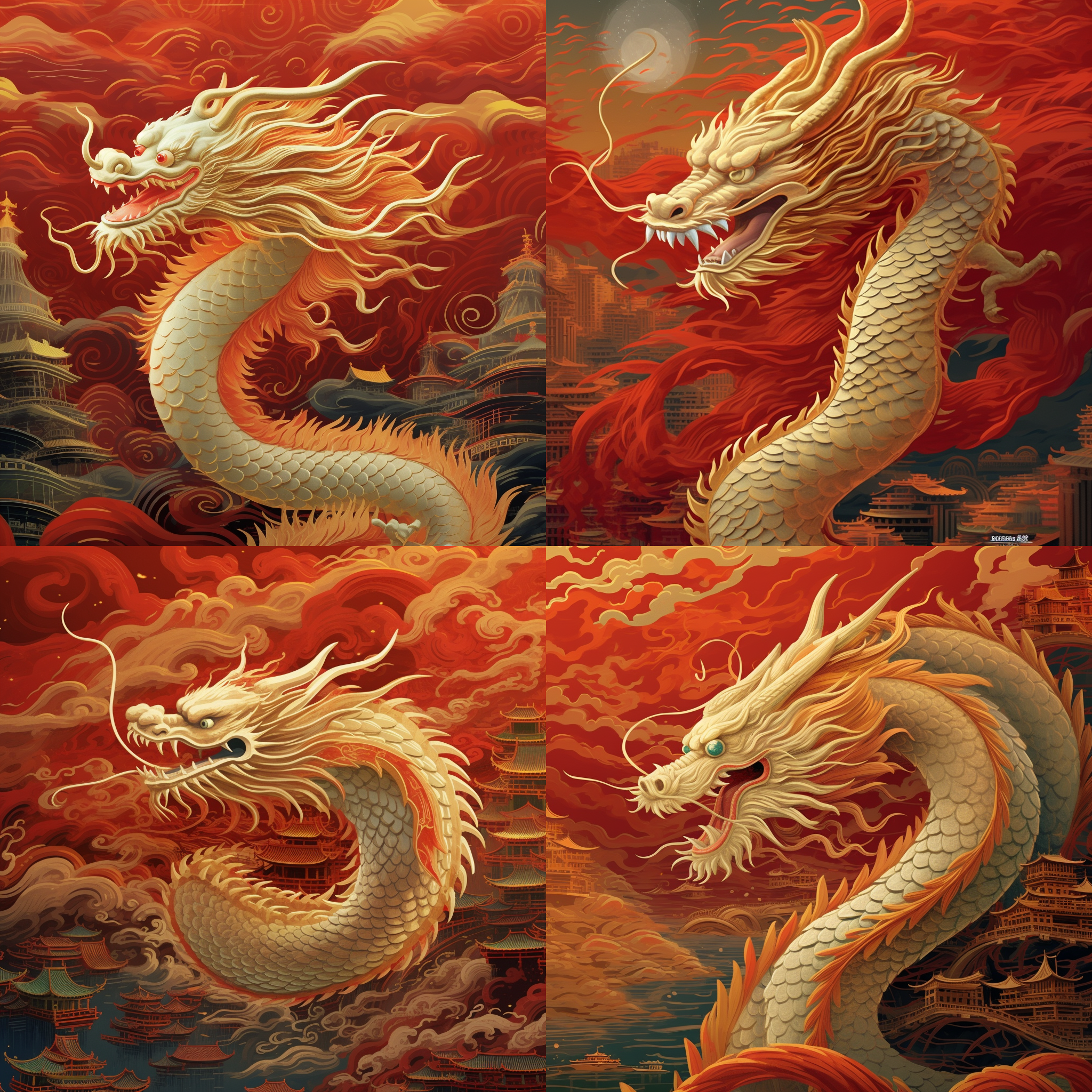 中国现代城市，红色龙舞，烟花绽放，全景，鳞片装饰，红色元素，喜庆氛围，繁忙人群，热闹气氛，幸福笑容，电影质感，刺绣风格，广角镜头，高动态范围，明亮对比度，生动色彩，欢快动作。