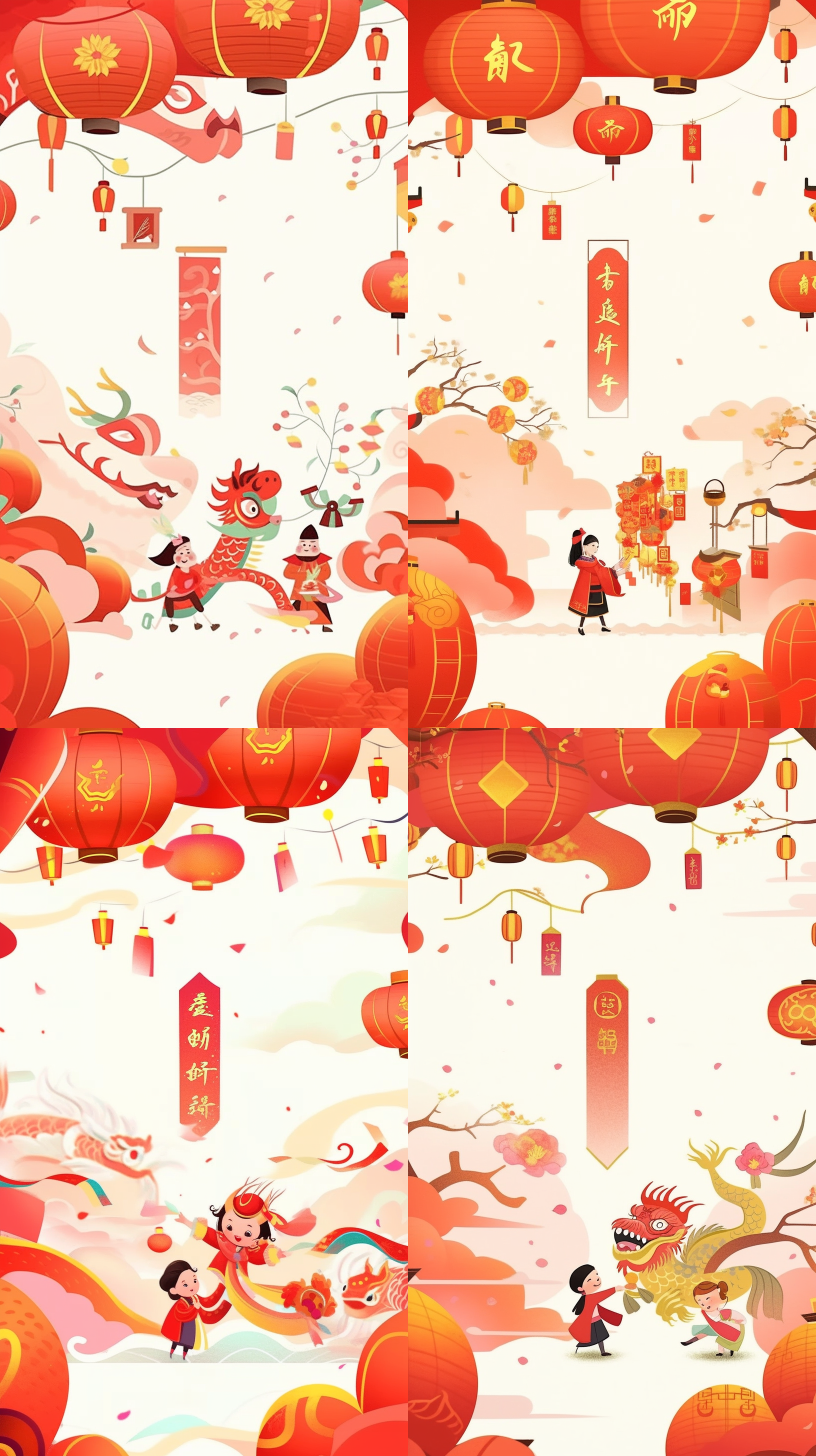 中国风插画，春节氛围浓厚。画面中有一只可爱的龙，身上鳞片细腻，五彩斑斓。背景是传统的红色灯笼和春联，营造出浓郁的年味。整体色调温暖明亮，充满喜庆气氛。细节精致，线条流畅，给人以愉悦和温馨的感觉。中国风，春节，龙，插画，可爱风，年味十足。