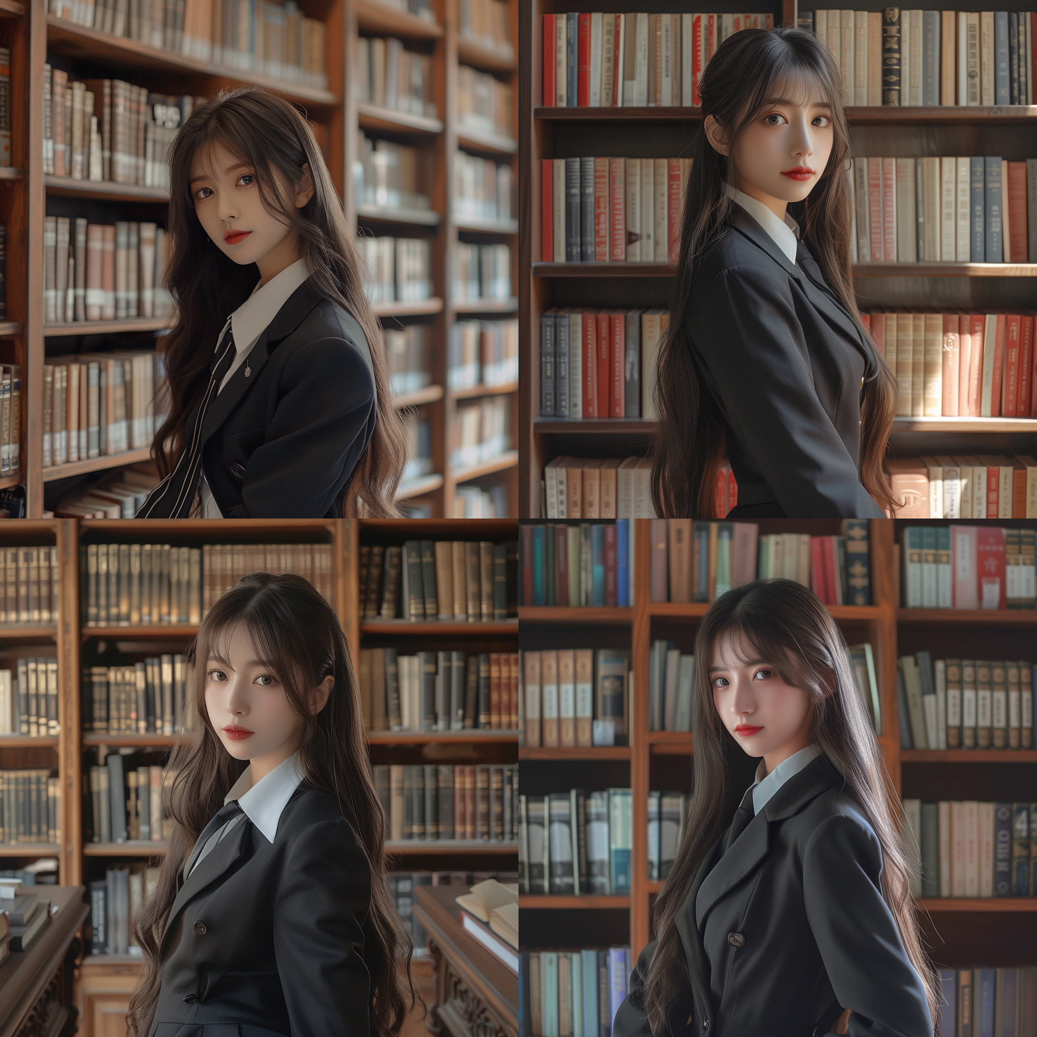 图书馆、长直发、西装领带加jk短裙、甜美少女、中国美女、网红脸