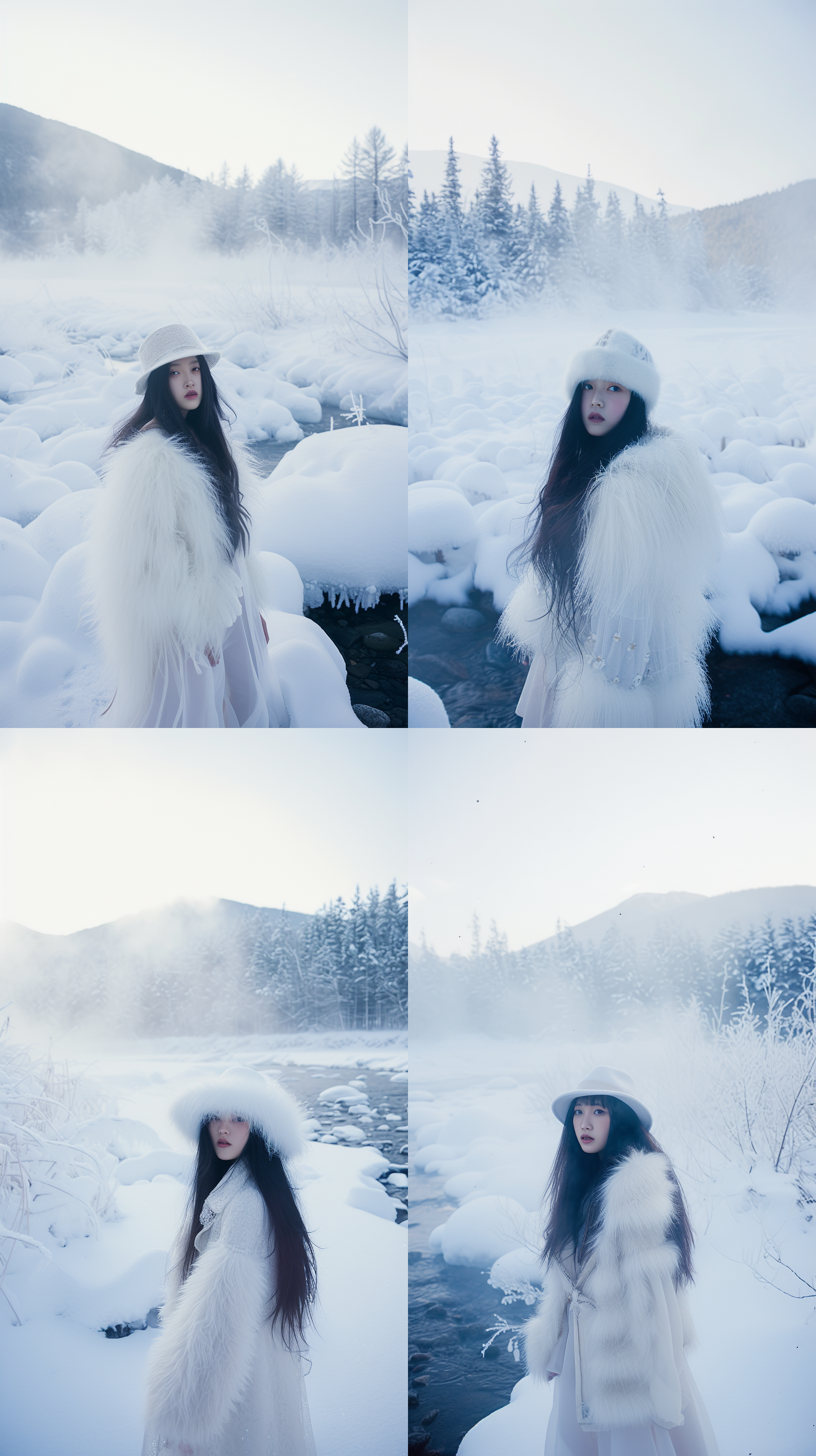 中国女孩雪蘑菇中，戴帽子，长发飘扬，超清晰冷暖对比，摄影写真风格。超清渲染，突出暖色调和日光照射，烟雾弥漫，透过广角镜头，粗线条，高品质，氛围光照，冷暖对比，窗外冰雪世界，-c20，-s40,-sw2.5。