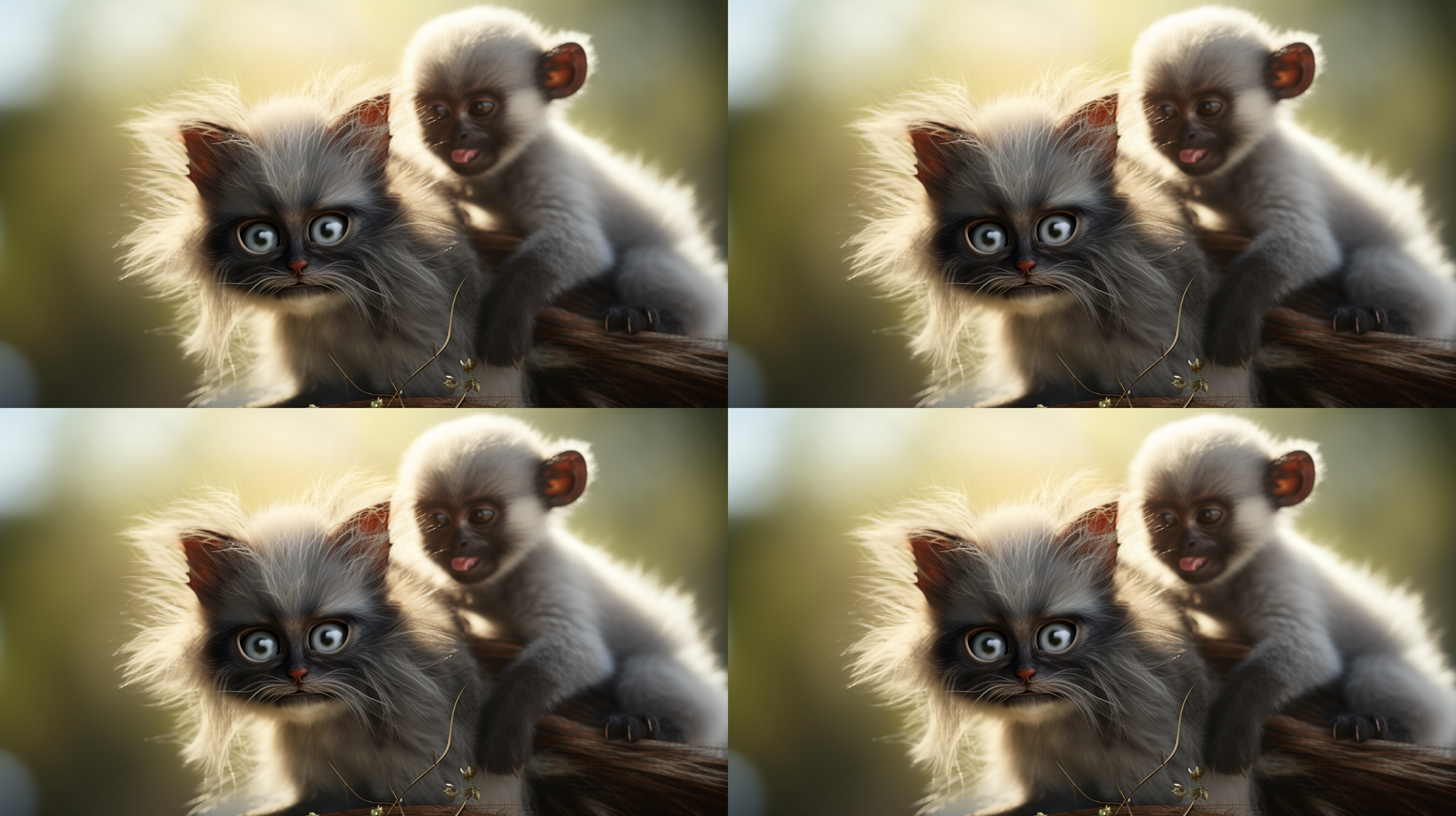 被猴子骑着的猫，自然光，户外背景，写实风格，高分辨率，猴子调皮，猫神态无助，猫毛发细腻，只有一只猫，除了骑在猫身上的猴子，近处还有几只猴子，突出细节，高完成度，真实照片风格。