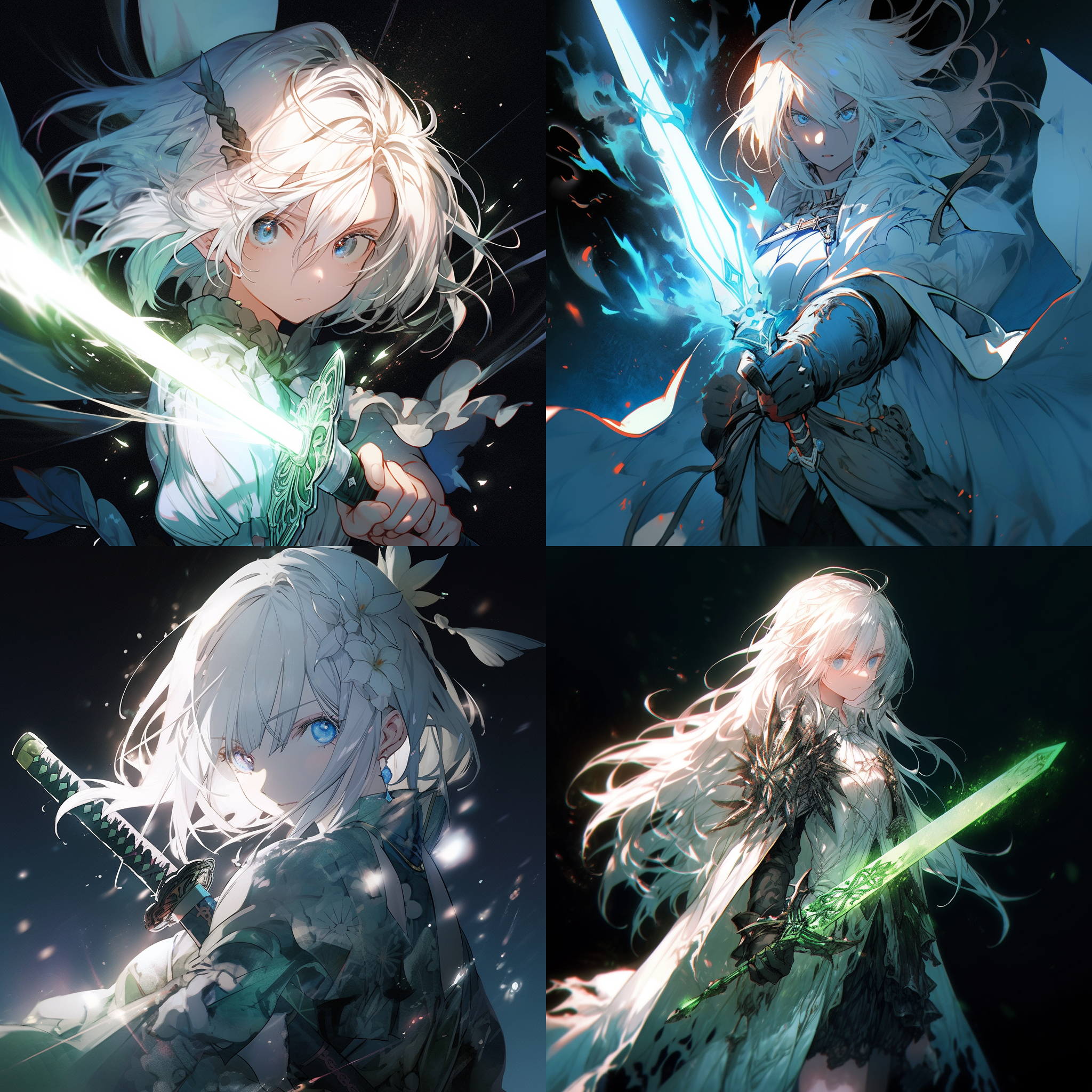 动漫风，白毛绿瞳少女，手持单手剑。逆光，高饱和度，大光圈，全身特写，深蓝色背景，剑尖微微发光，目光坚定，冷峻表情，动作流畅，自信。