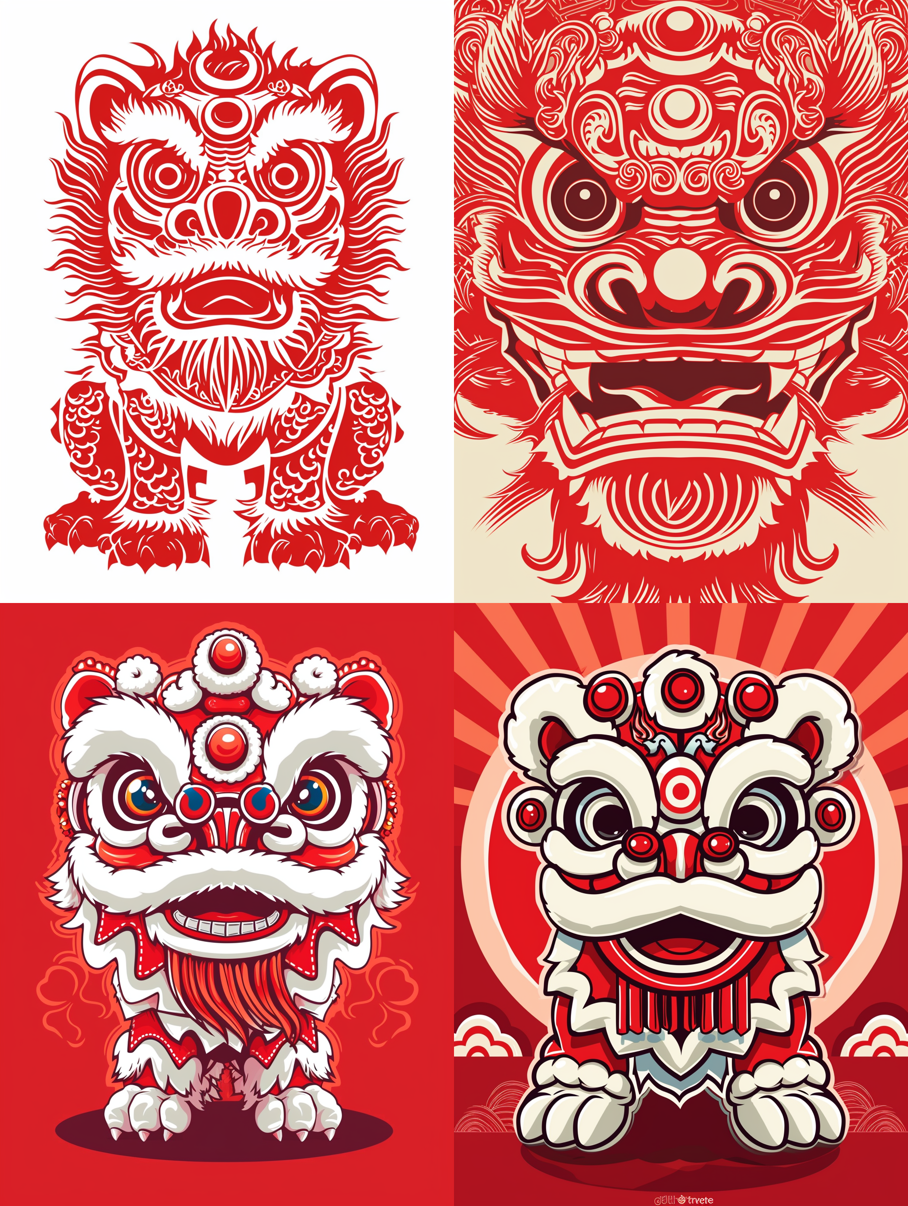 chinese lion dance, sticker design, vector cartoon, bold outline, bold stokes, red and white, red theme, minimalist style, logo, illustration,