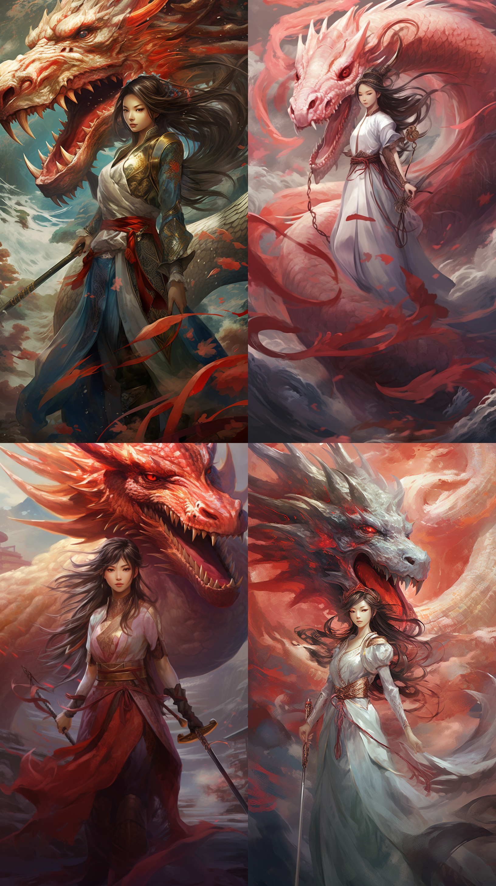 女孩手持长剑骑巨龙，插画，国风，新中式，高清，细节丰富，空灵氛围，柔和色调，全景视角，流线型构图，神秘感，动作流畅，龙翼展开，勇敢，壮丽。