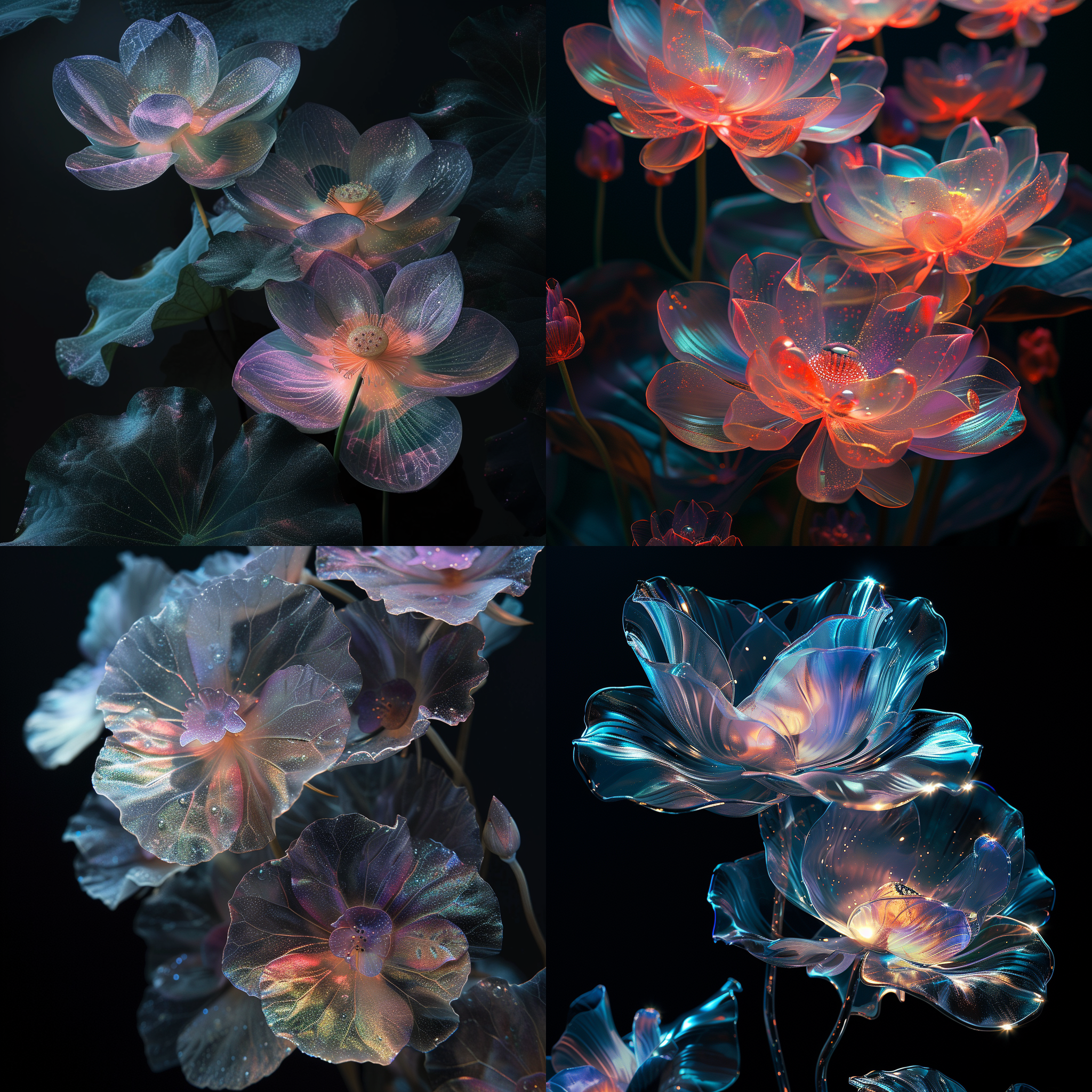未来主义花朵，花团锦簇，10多株荷叶，金属光泽，镭射关泽，玻璃光泽，薄膜涂层，工作室照明，暗黑背景，微妙的辉光，微距自然摄影，8k