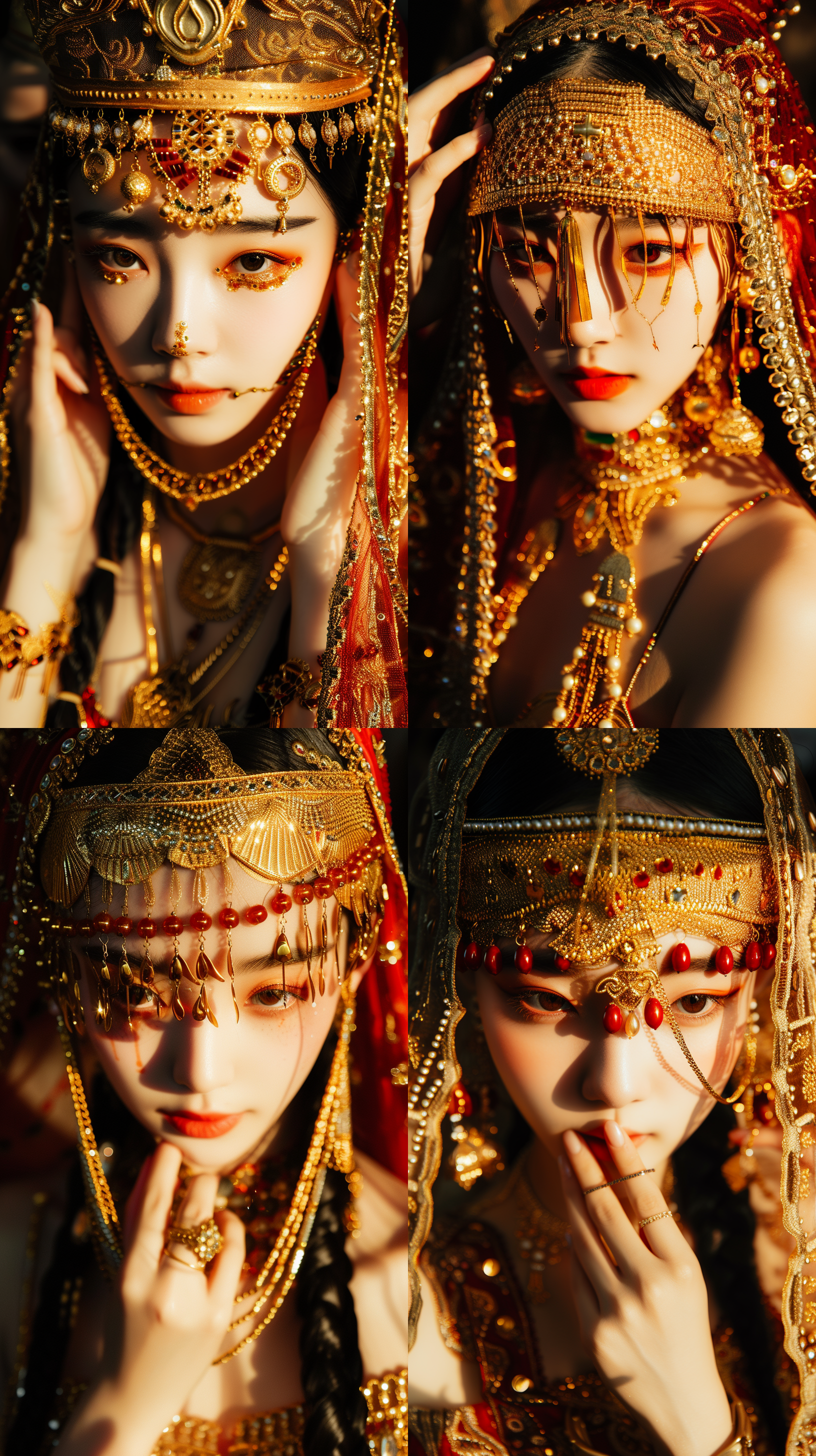 西域少女，金碧辉煌头饰，长辫子，超清晰，摄影写真风格。超清渲染，阿拉丁神灯，粗线条，高品质，氛围光照，神秘金色面帘，鲜艳明亮的颜色，幅射光，面部花纹。对焦，-c20，-s40,-sw2.5