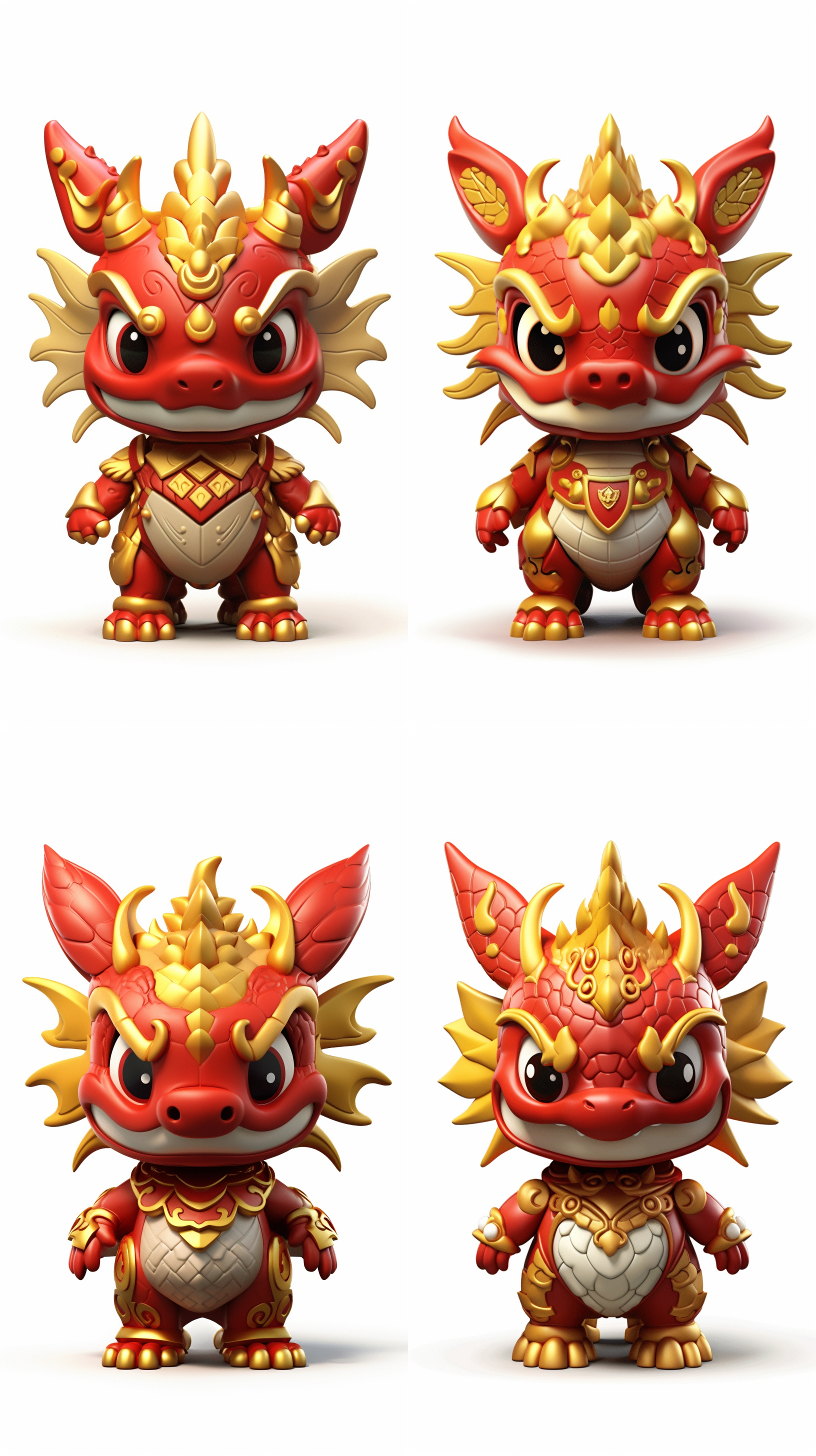 盲盒ip，中国龙宝宝，红色和金色，吉祥物，全身视角，可爱的龙，灯笼，吉祥云，3d，黏土，卡通，任天堂，可爱，流畅，高饱和度，乐观，温暖，祝福，欢快，童真。