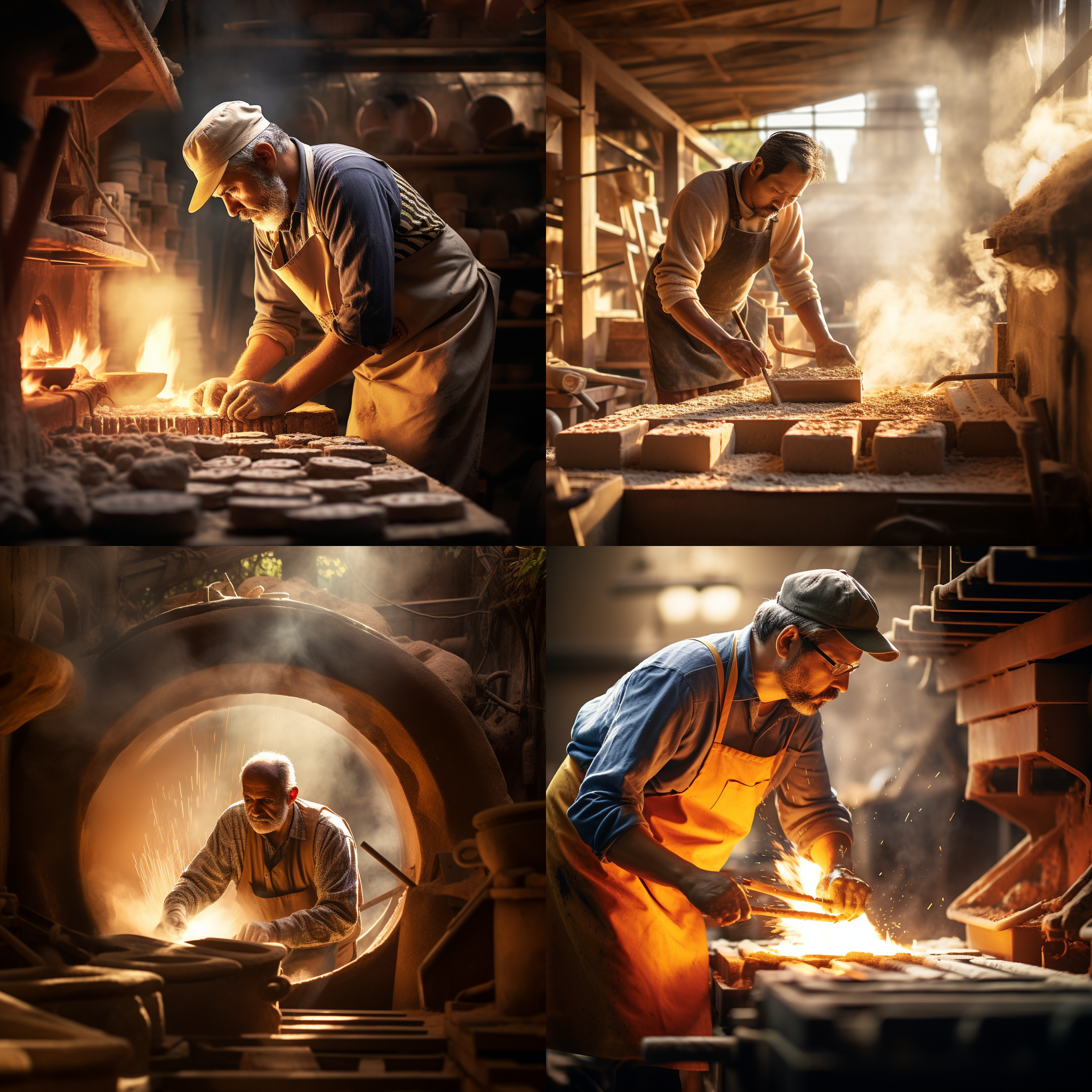 陶瓷窑工在烧制瓷器，身穿工作服，手握陶坯，面带专注。照片构图对称，窑炉和工具呈现出细节丰富的纹理。明亮的阳光透过窑炉洞口洒下来，照亮了整个场景。色调以暖色为主，突出了工匠的技艺与专注。窑工的动作流畅而有力，展现出他们对艺术的热爱与执着。瓷器的制作过程中的精细工艺和传统文化也在照片中得到体现。窑工的表情充满自豪感和满足感。 陶瓷窑工, 制作瓷器, 对称构图, 纹理丰富, 明亮阳光, 暖色调, 动作流畅, 精细工艺, 传统文化, 自豪感, 满足感.