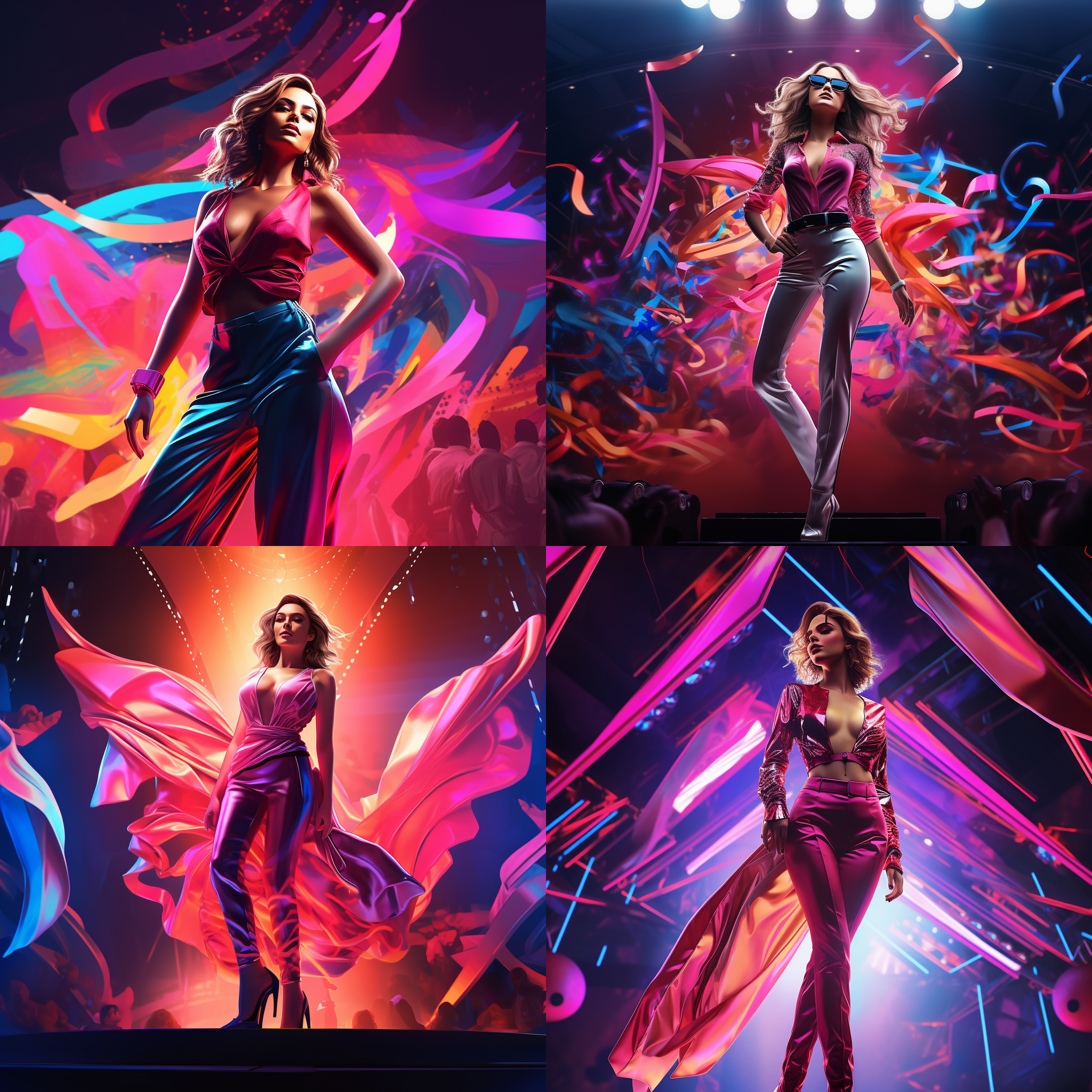 卡通图，t台表演，明亮的灯光，炫目的色彩，动感十足。模特身着时尚的服装，姿态自信大胆。透视构图，长焦镜头，细腻的纹理，华丽的舞台布景，鲜艳的妆容，充满活力和创意。 动画艺术