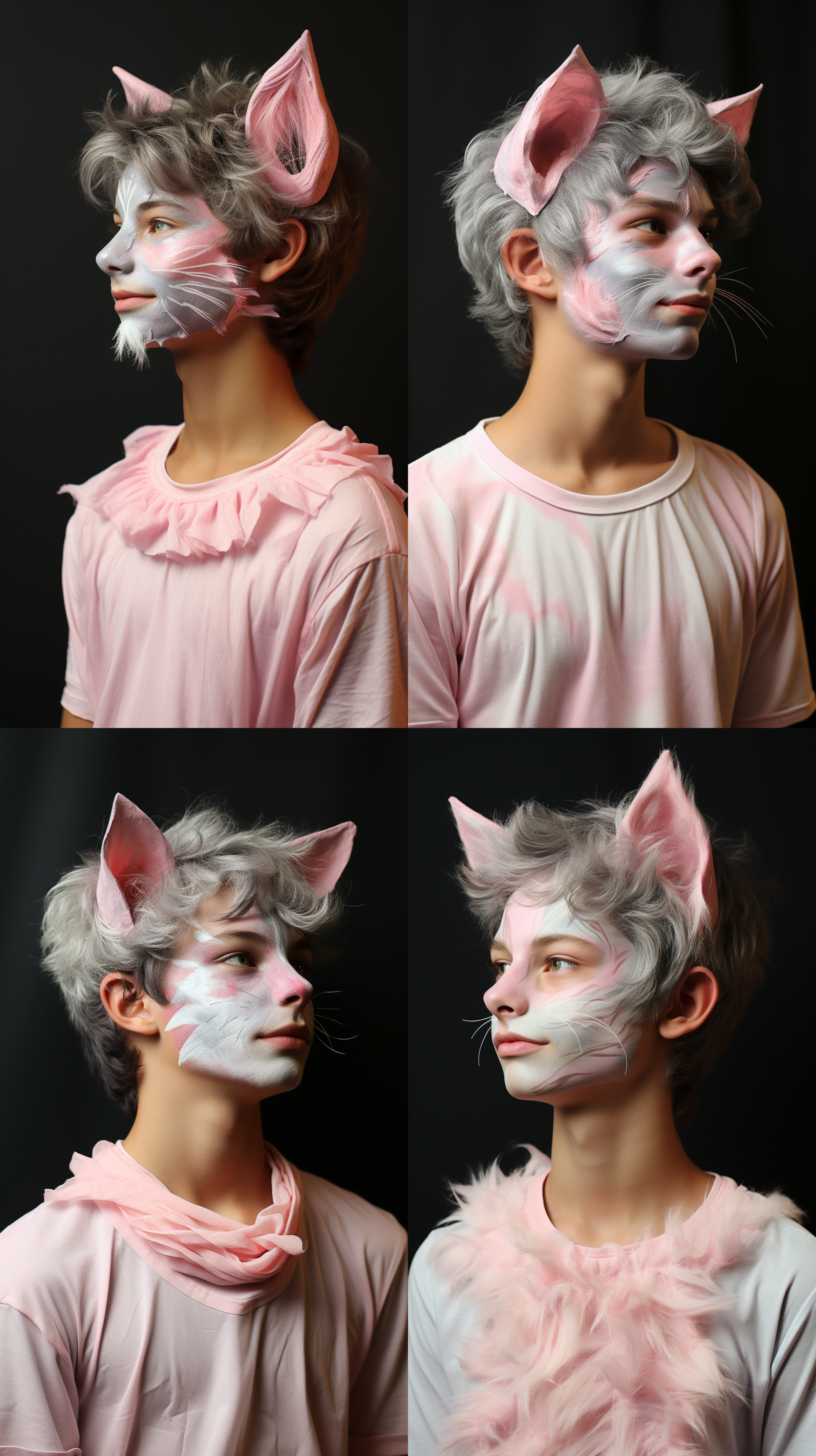 猫咪仿妆的20岁男生，照片 米色 玫瑰金 粉 暖棕 浅绿 宝宝蓝 紫罗兰 侧身 半身 非对称构图 远景透视