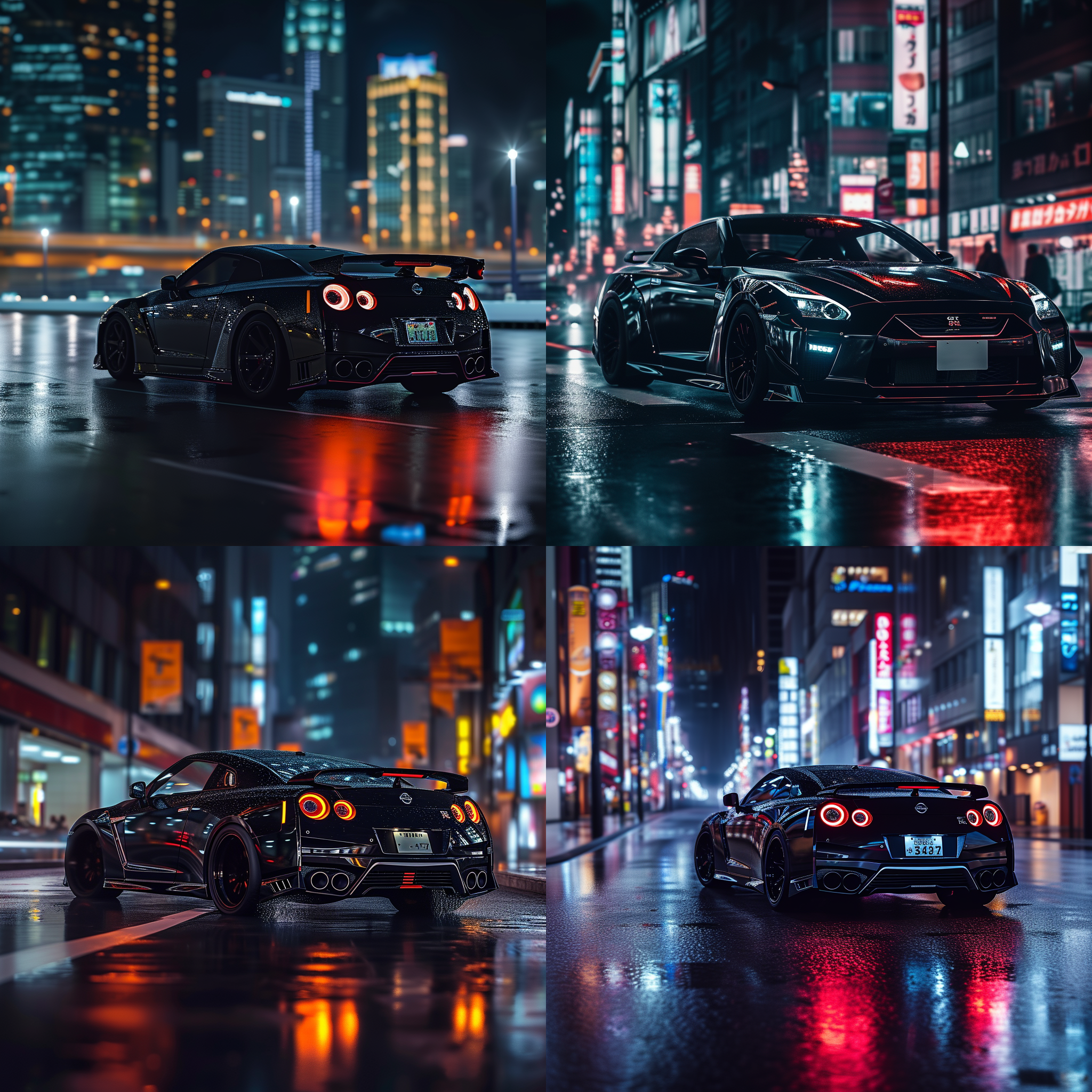 尼桑gtr，黑色外观，动感造型，夜晚城市背景，灯光映衬，宽广角度，高清晰度，快门速度快，加速飞驰，科技感十足，未来主义设计。