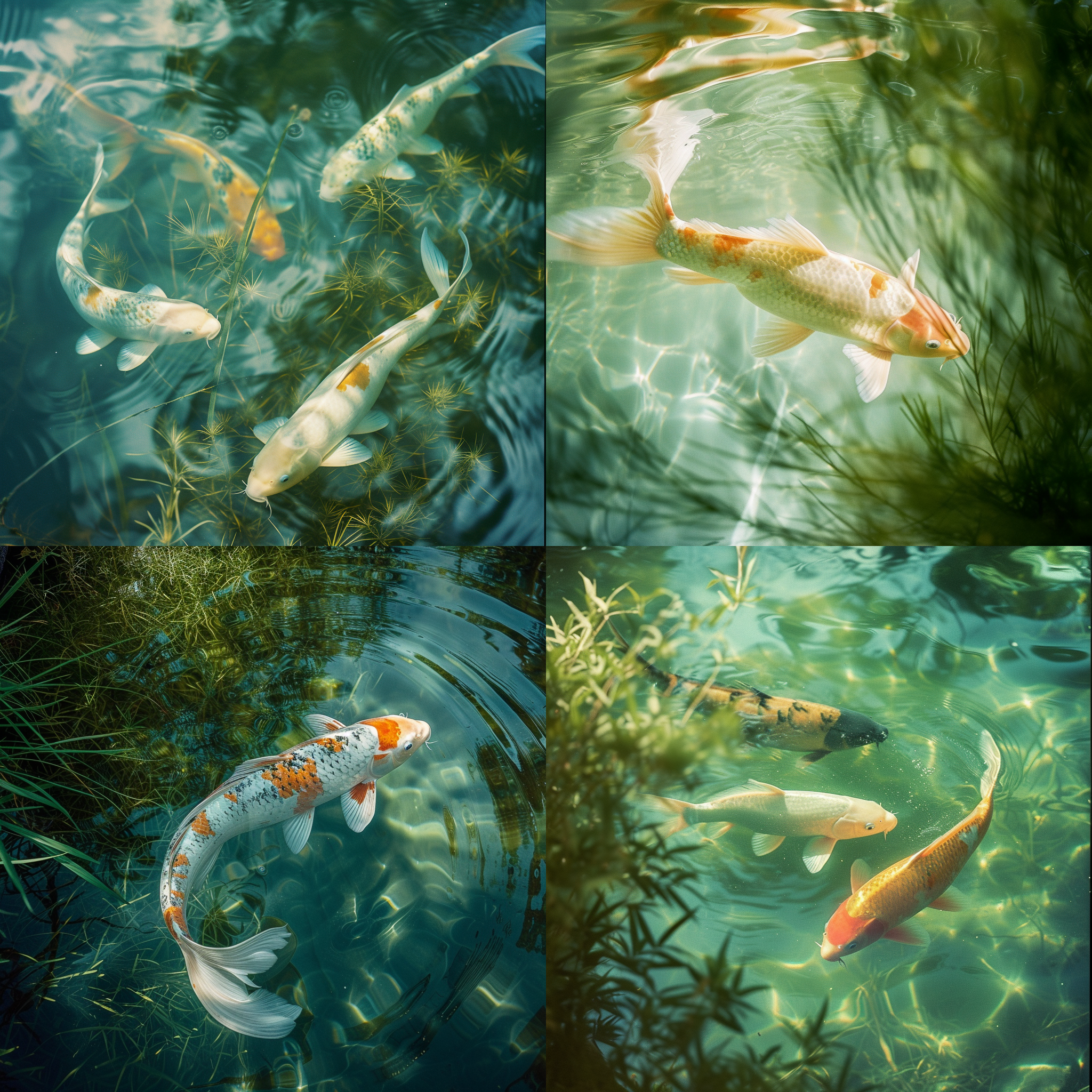 锦鲤游弋于清澈的水中，优雅摆尾，镶嵌在绿意盎然的水草丛中。光线柔和而温暖，呈现出梦幻般的色彩。整体构图以锦鲤为主体，呈现对角线布局，突出其动态美感。拍摄采用长焦镜头，捕捉到细节丰富的锦鲤鳞片。色调以柔和的蓝绿色为主，传达出宁静与纯净的情感。