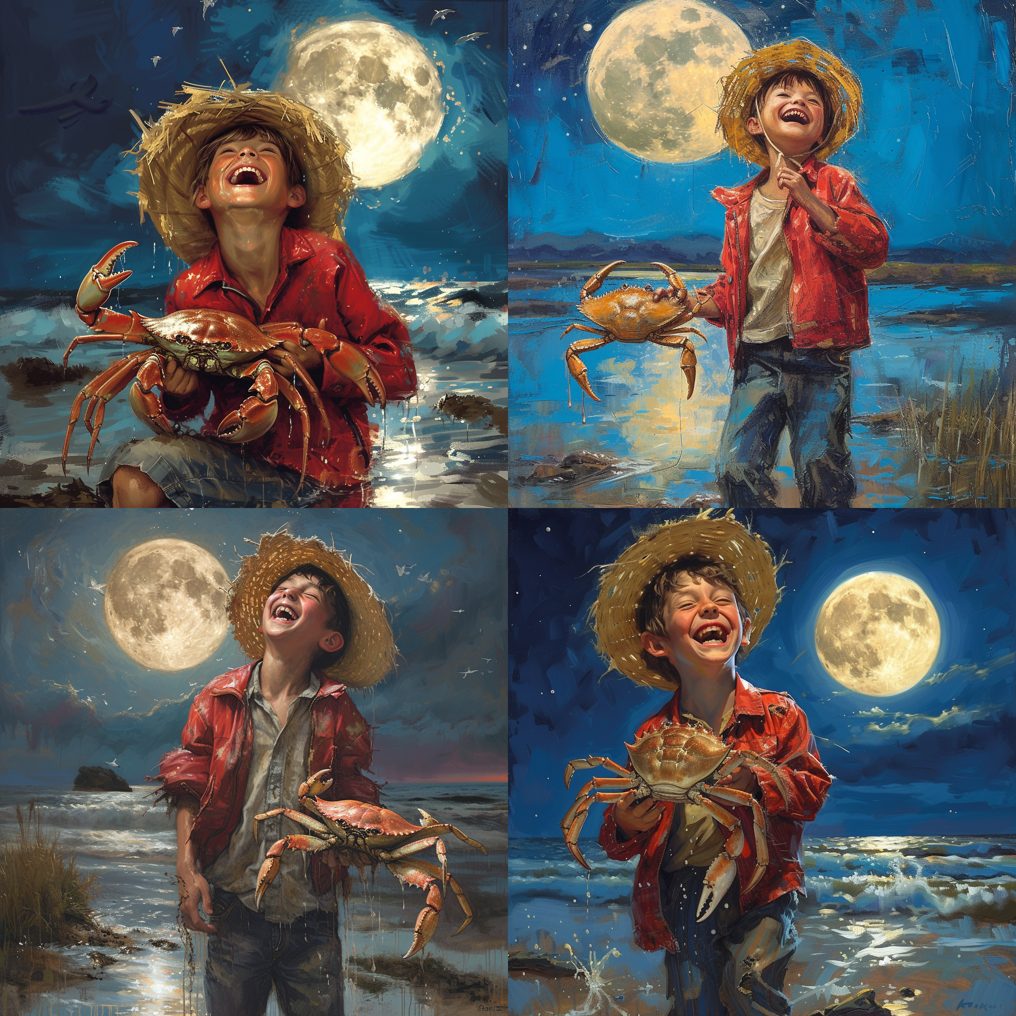 男孩捧着大螃蟹，背对着月亮，脸上沾满泥巴，笑得开心。真实主义风格，夏日的满月高挂，河岸上微风拂面，波光粼粼。12岁的男孩戴着草帽，穿着破旧的红色拉链夹克、破烂的牛仔裤和鞋子。