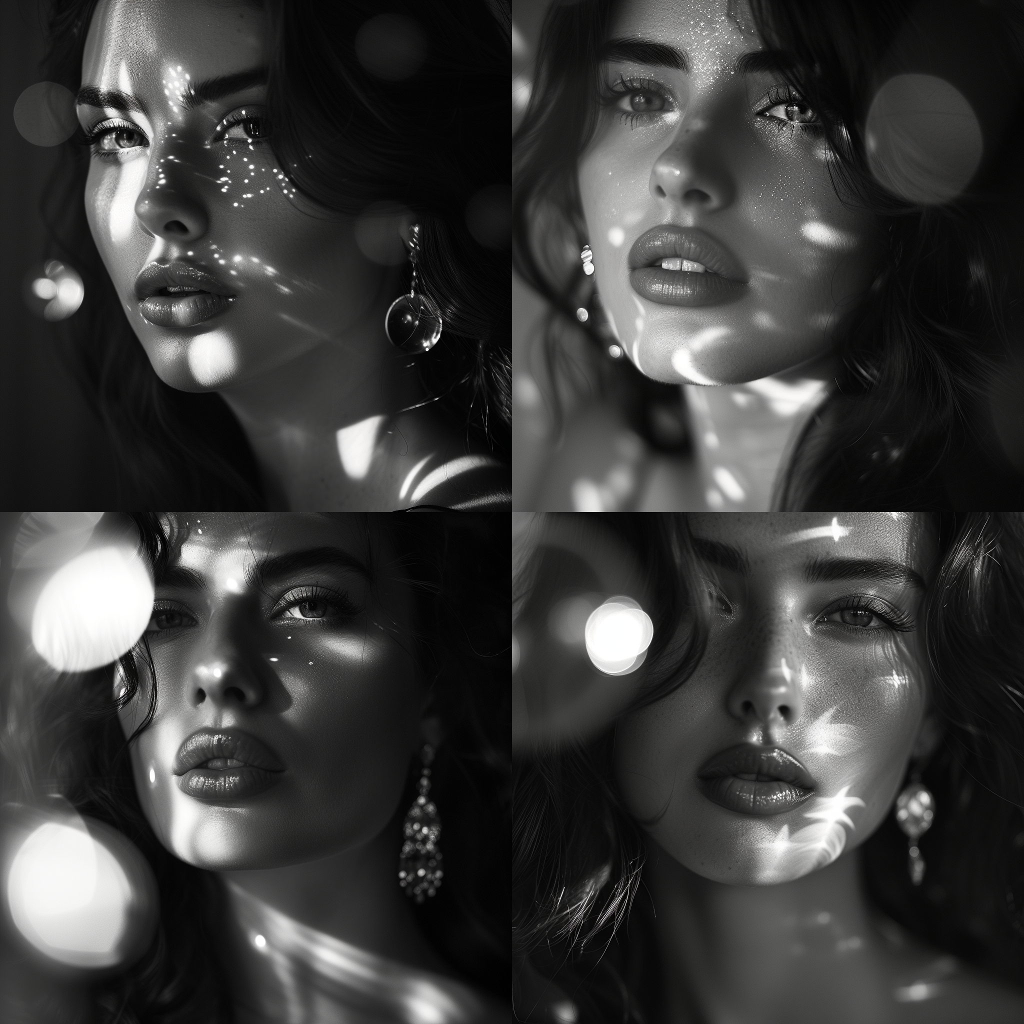 创意人物肖像写真，美女、前景多面小的反光棱镜、嘴唇微张、黑白照片，电影色调，近距离拍摄，长焦镜头，特写视图，高级感，高对比度，吸引人的耳饰，迷雾远景，明亮光线，光影丰富，动态姿势，柔焦、独特的魅力，快门速度快，色彩鲜明，胸部以上，焦点准确，自然表情。照片比例3：4