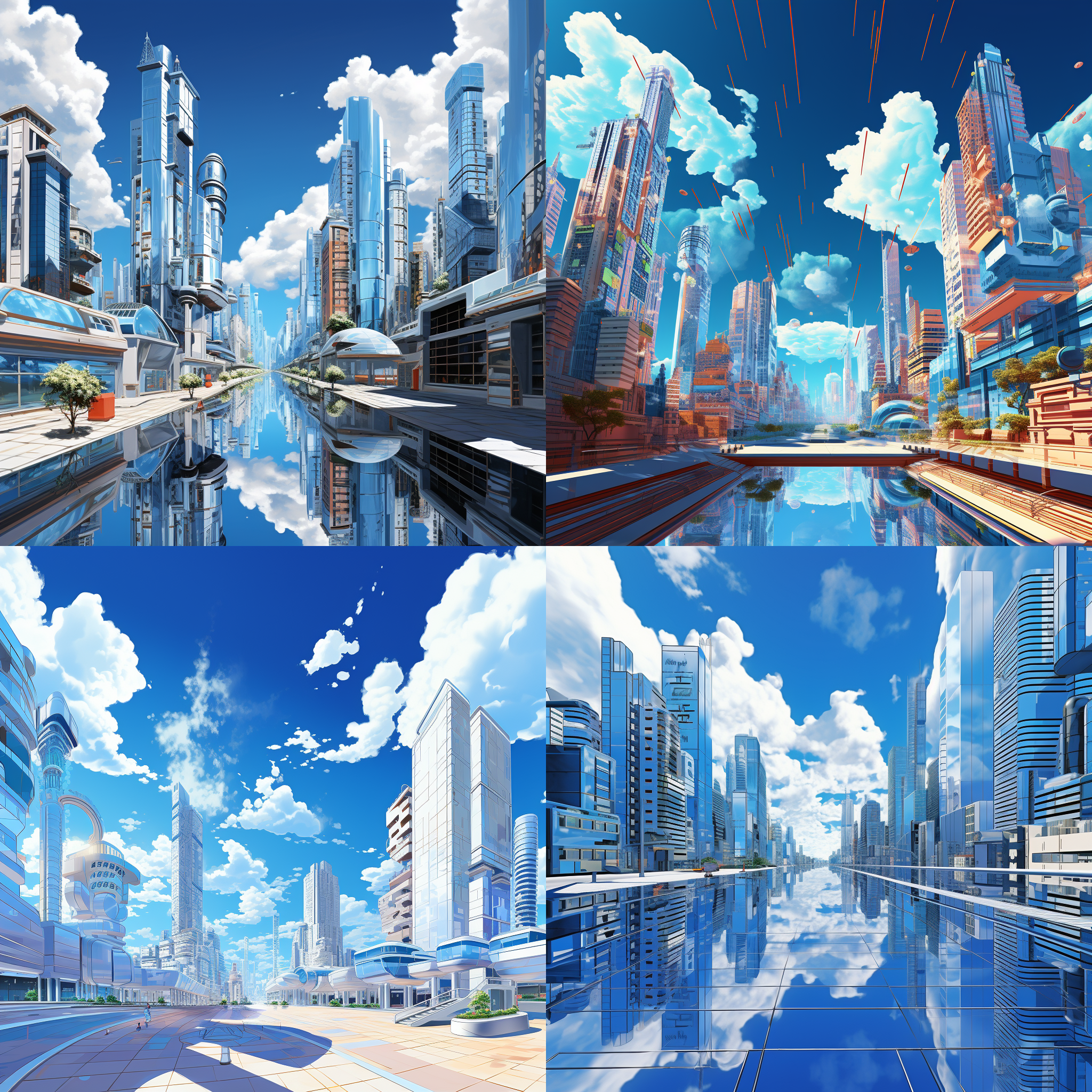 城市景观，高楼大厦，白色天空与蓝天相映，几朵云朵点缀，数字渲染，cloisonnism风格，体积感，agnes lawrence pelton风格，广角镜头，立体感，饱和度高，融合现实与梦幻，霓虹灯光，现代感，宏伟壮丽，神秘感。