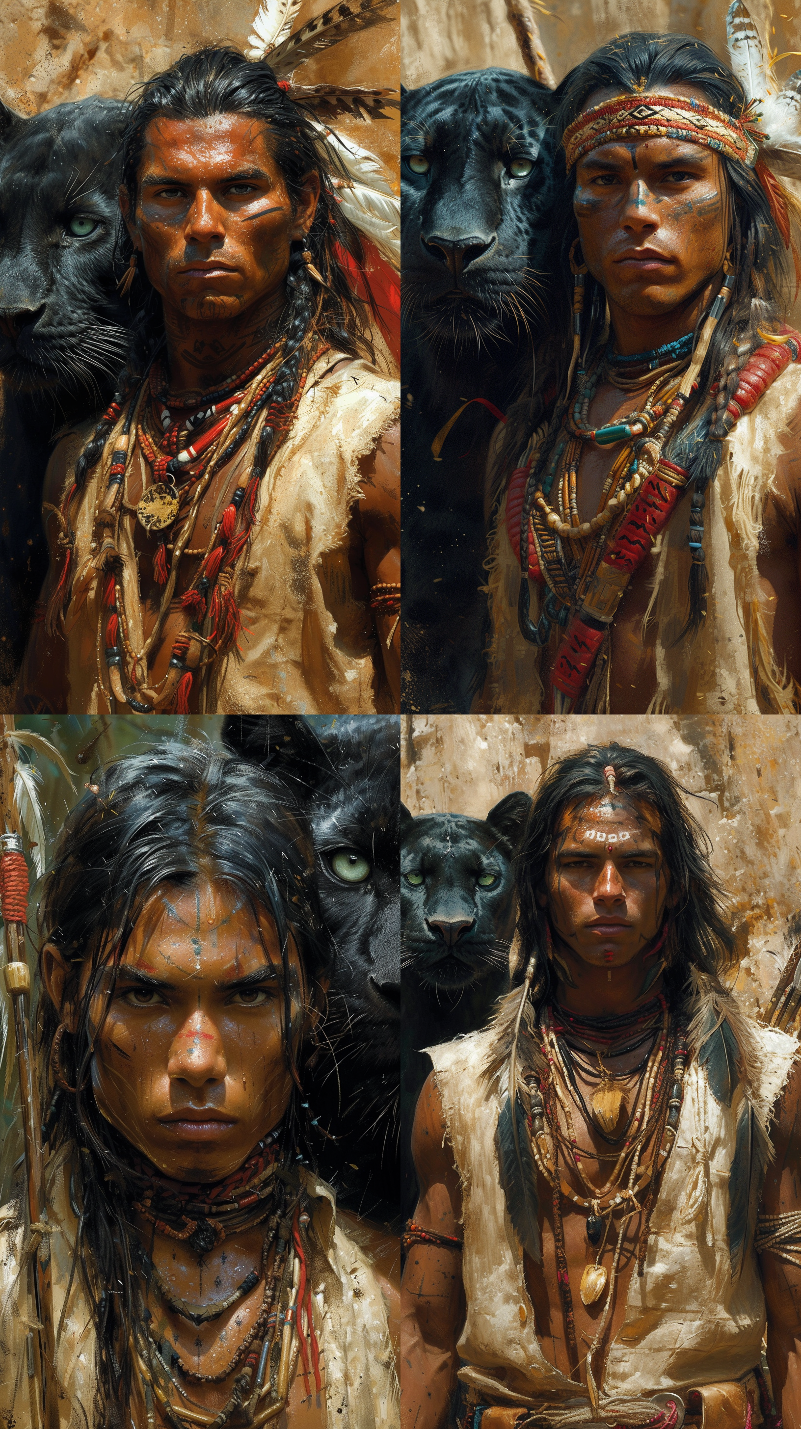 印第安男子，棕色皮肤，脸上有油彩，头戴各色的印第安羽毛装饰，穿着土黄色马甲，土黄色裤子，光着脚，背后有弓，身边跟着一只黑豹，黑豹的眼睛发出森森绿光，要求正面全身像