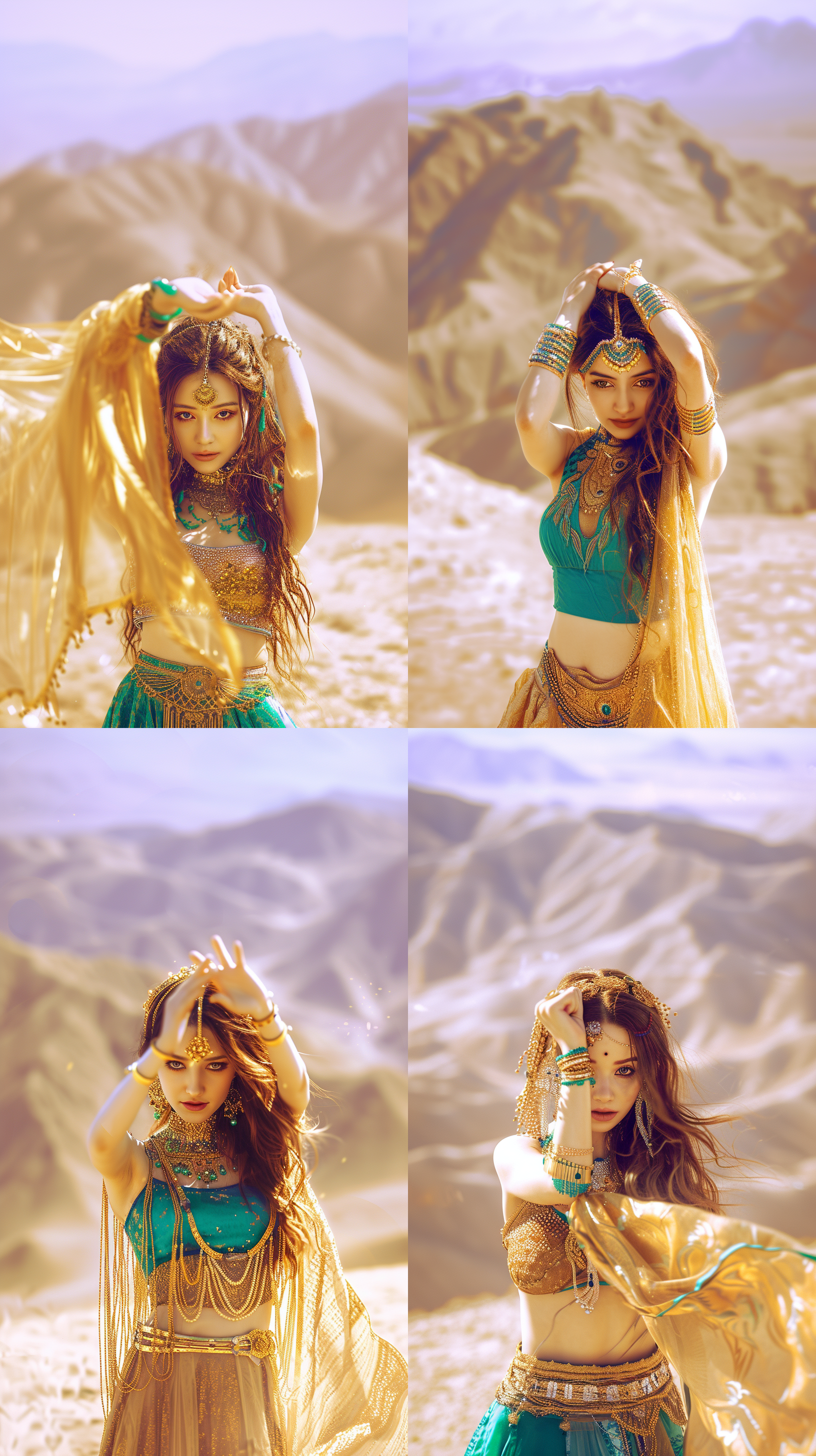 西域少女，茉莉公主，金碧辉煌头饰，长辫子，超清晰，摄影写真风格。超清渲染，阿拉丁神灯，粗线条，高品质，氛围光照，神秘金色面帘，鲜艳明亮的颜色，雅丹地貌背景，幅射光，面部花纹。对焦，-c20，-s40,-sw3。