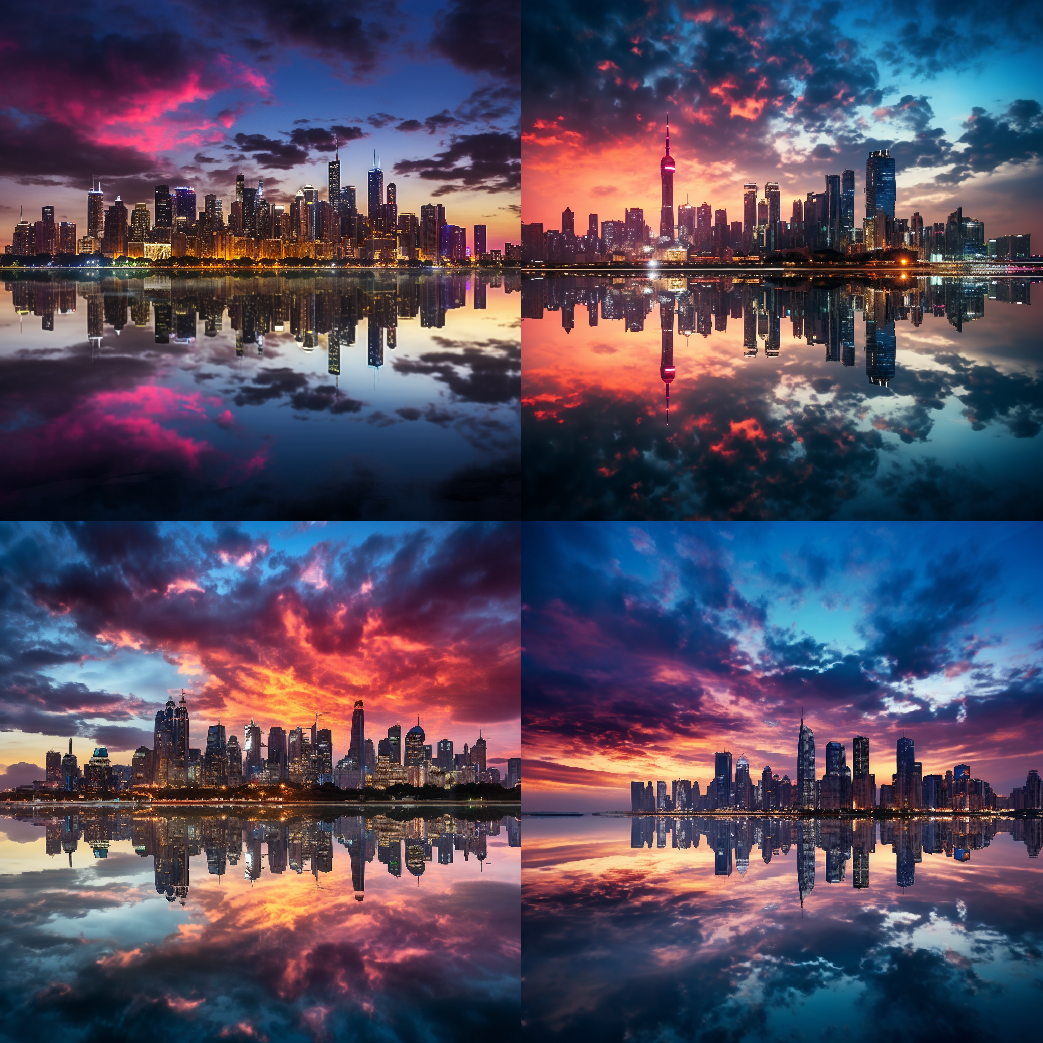 一位摄影师在黄昏时分拍摄了一张壮观的城市夜景照片。照片中，高楼大厦耸立，灯火辉煌，反射在湖面上，构成了美丽的倒影。天空中的彩霞与城市灯光交相辉映，给人一种宁静而神秘的感觉。照片采用长曝光和广角镜头，捕捉到了城市的繁华与静谧，展现出城市的魅力与活力。夜景，城市，高楼大厦，湖面，倒影，彩霞，灯光，长曝光，广角镜头，宁静，神秘，繁华，静谧，魅力，活力。