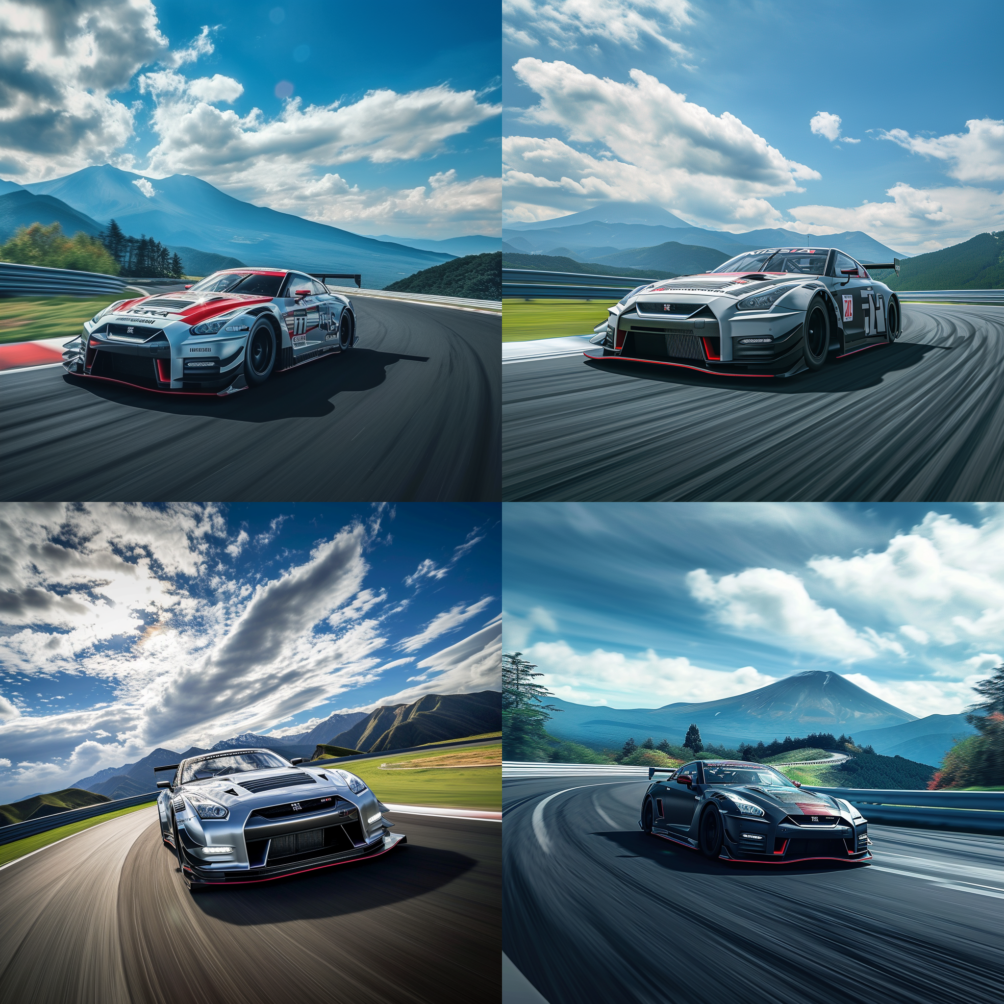 尼桑gtr赛车在曲线弯道上疾驰，背景是壮丽的山脉和蓝天白云。镜头使用广角镜头捕捉到整个赛车和景色，突出速度感和动感。赛车司机是一名东亚男人，穿着赛车服，带着专注和充满激情的表情。高速行驶，刹车灯闪烁，呈现出紧张刺激的场面。尼桑gtr赛车，曲线弯道，山脉，蓝天白云，广角镜头，速度感，动感，东亚男人，赛车服，专注，激情，刹车灯，紧张。
