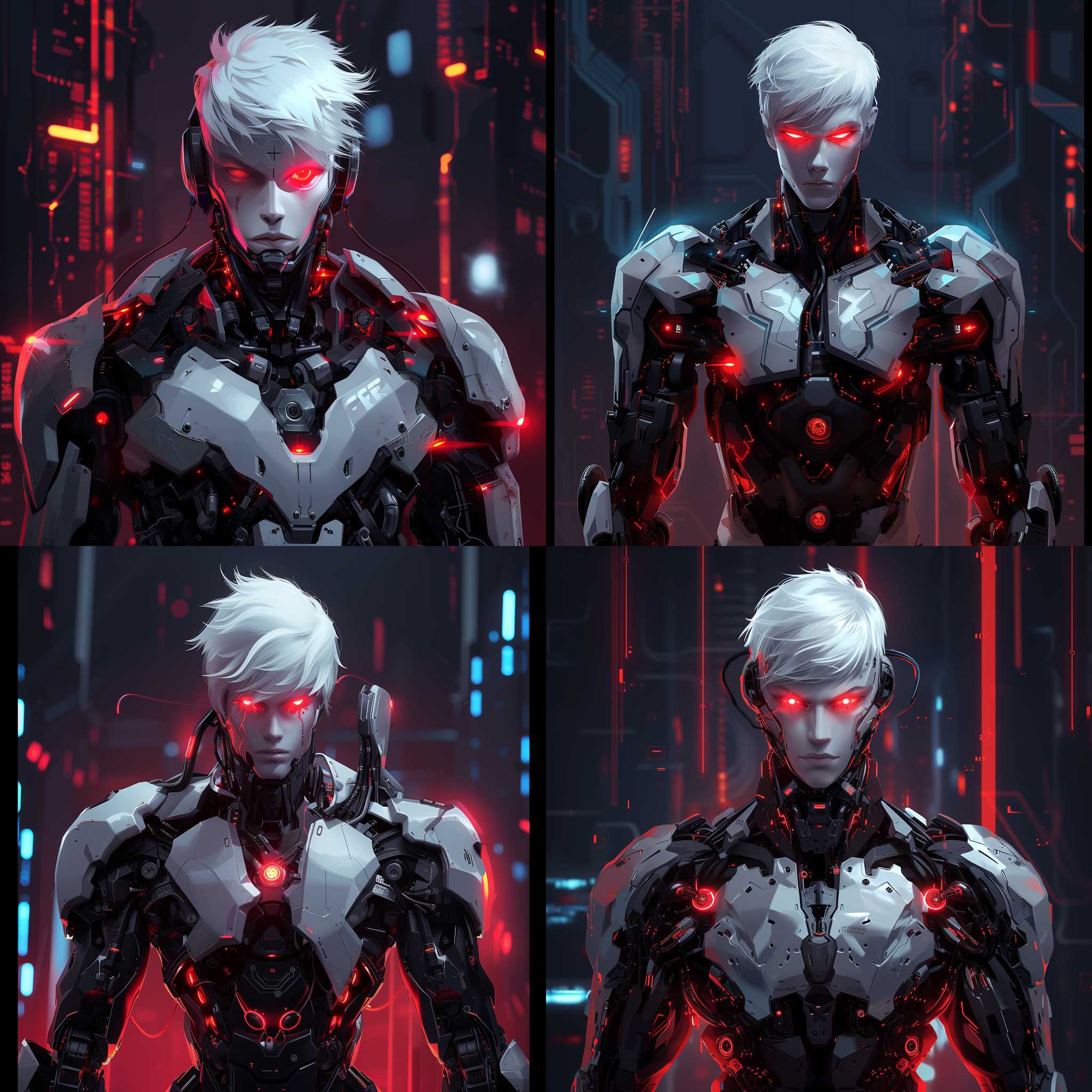 觉醒的机器人，全身细节，高科技风格，赛博朋克背景，红色激光眼睛，机甲外骨骼，高达般的造型，人工智能特征，金属质感，冷色调，霓虹灯照明，威严和力量。