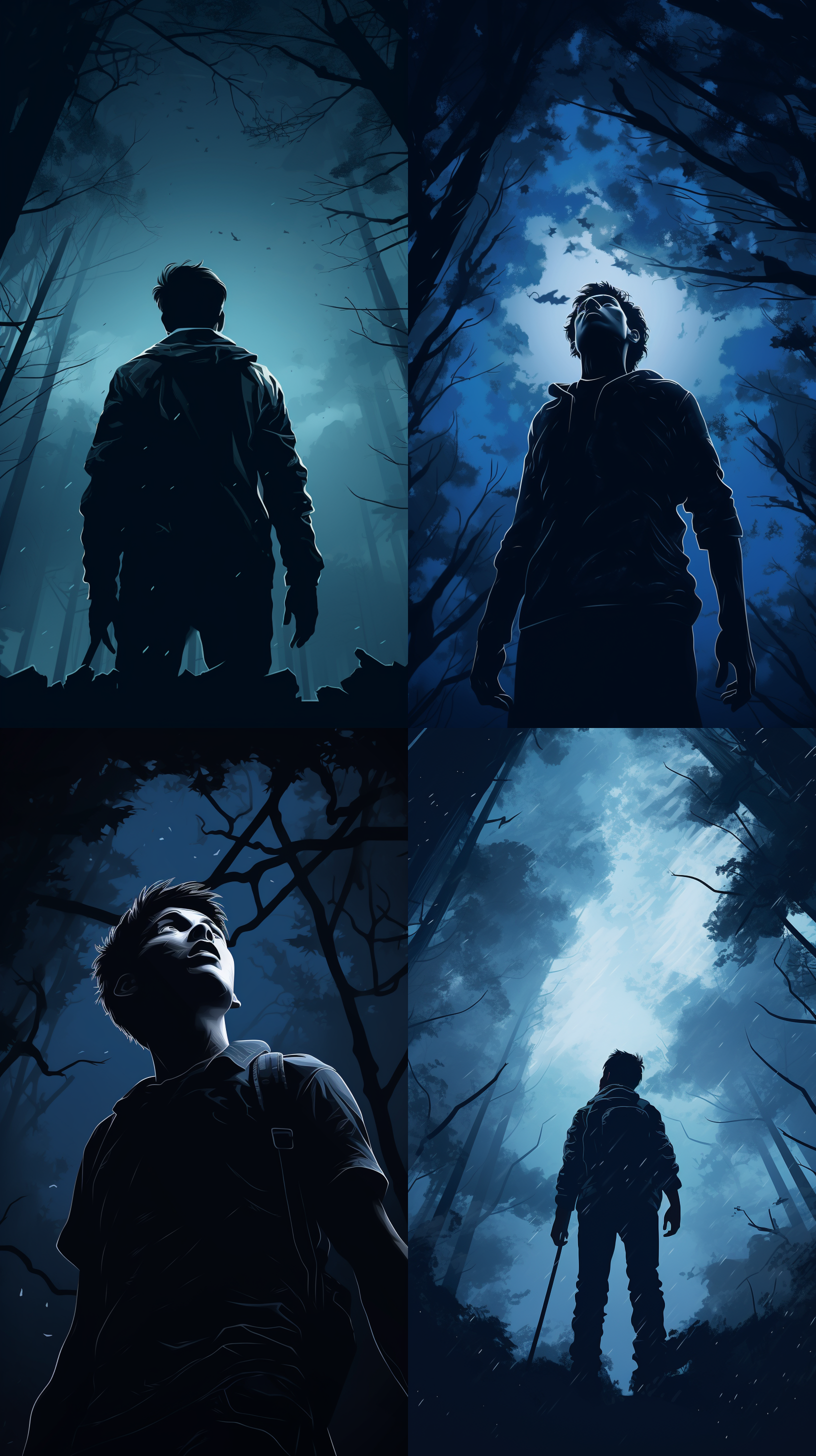 亚洲男子逃生，侧脸，剪影效果，逆光，黑暗森林，中景，仰视角度，速度感，蓝灰色调，光线非常暗，写实插画风格，视觉美学，延时摄影。