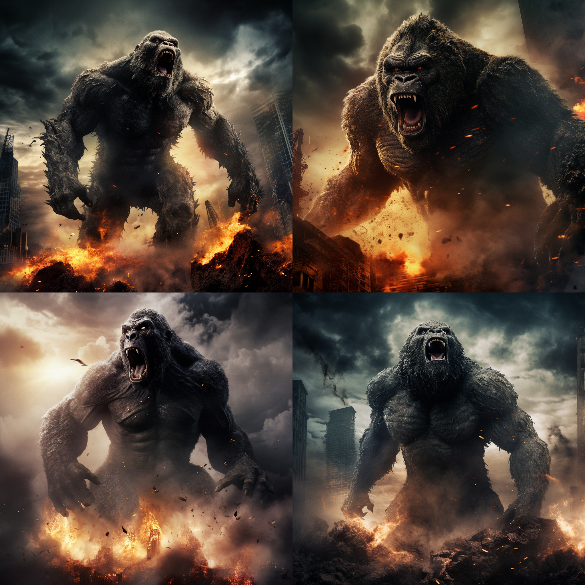 金刚怒吼，四肢强壮，毁天灭地，伟岸而巨大，犹如泰坦巨神。末日景象，科幻片，cg风格，暗色调，高对比度，广角镜头，爆炸光效，震撼人心。