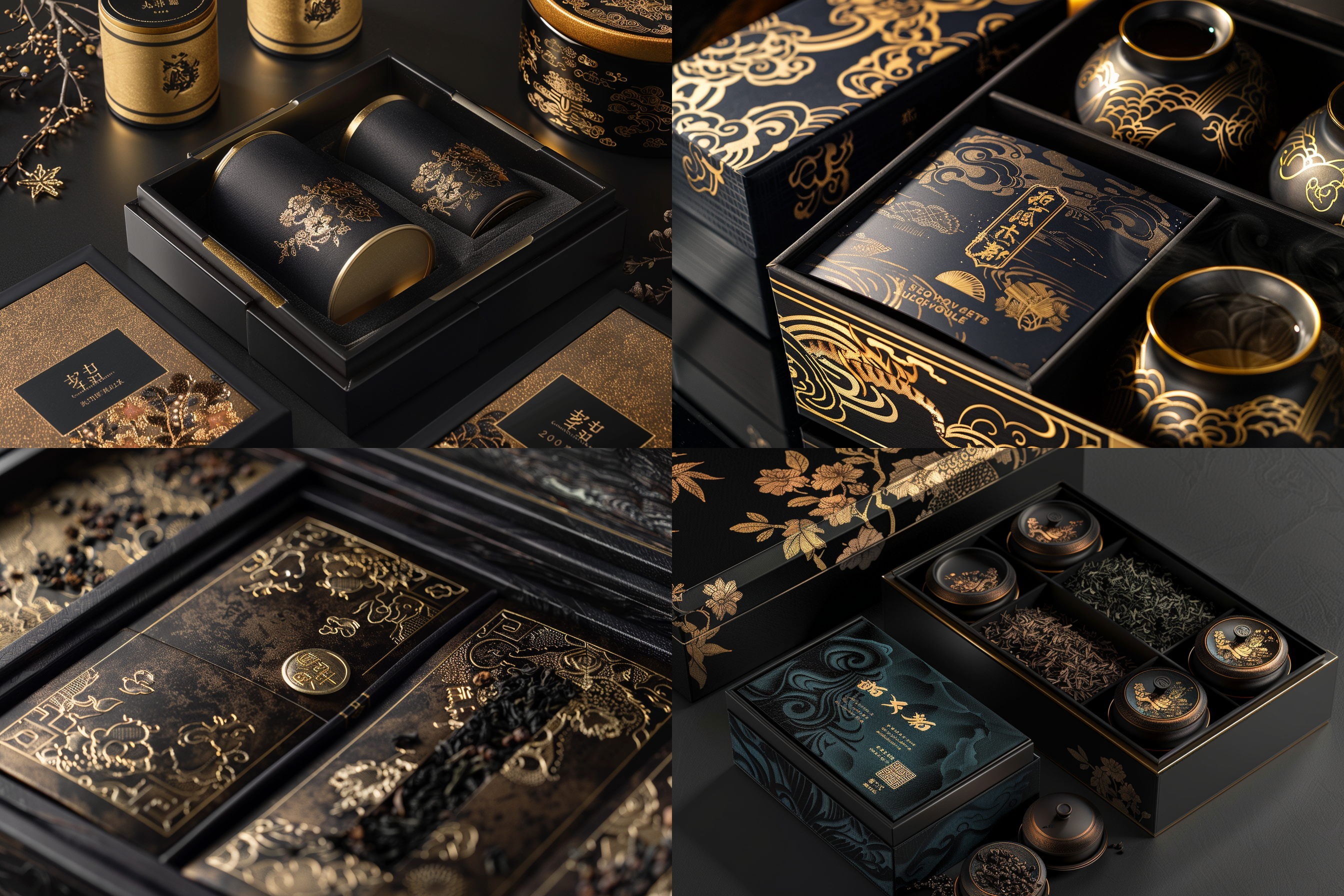 精品茶叶礼盒，黑色和金色元素,中国风,产品摄影,8k,超清细节