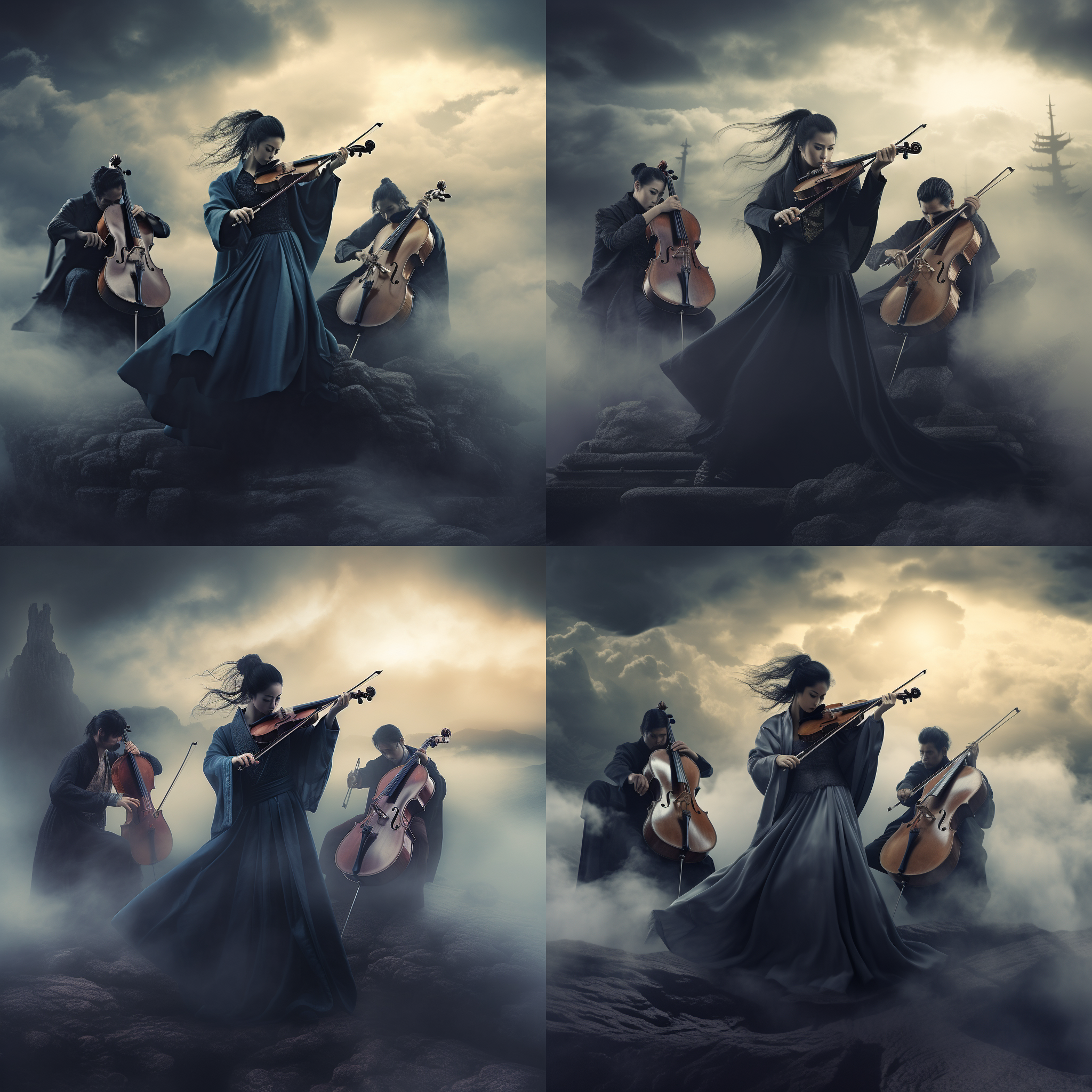 小提琴、大提琴、中提琴在云雾中演奏，中国古代神话背景，肃杀氛围。大提琴手穿着古装，小提琴手戴着面具，中提琴手身披黑色斗篷。高光对比度，暗调色彩，广角镜头，迷雾环境，忧郁情绪。